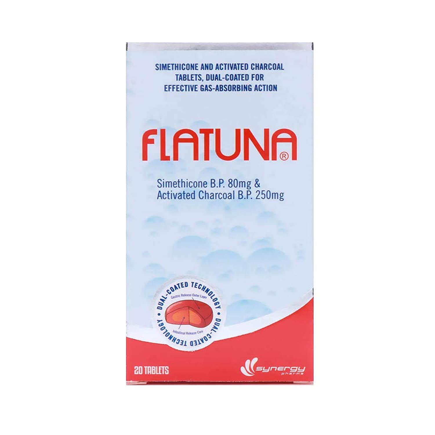 FLATUNA Simethicone & Activated Charcoal Tablets - Dual-Coated for Effective Gas Relief, Pack of 20's