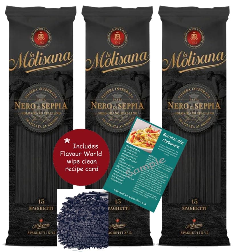 La Molisana Black Squid Ink Spaghetti (3 x 500g Packs) and Wipe-Clean Recipe Card