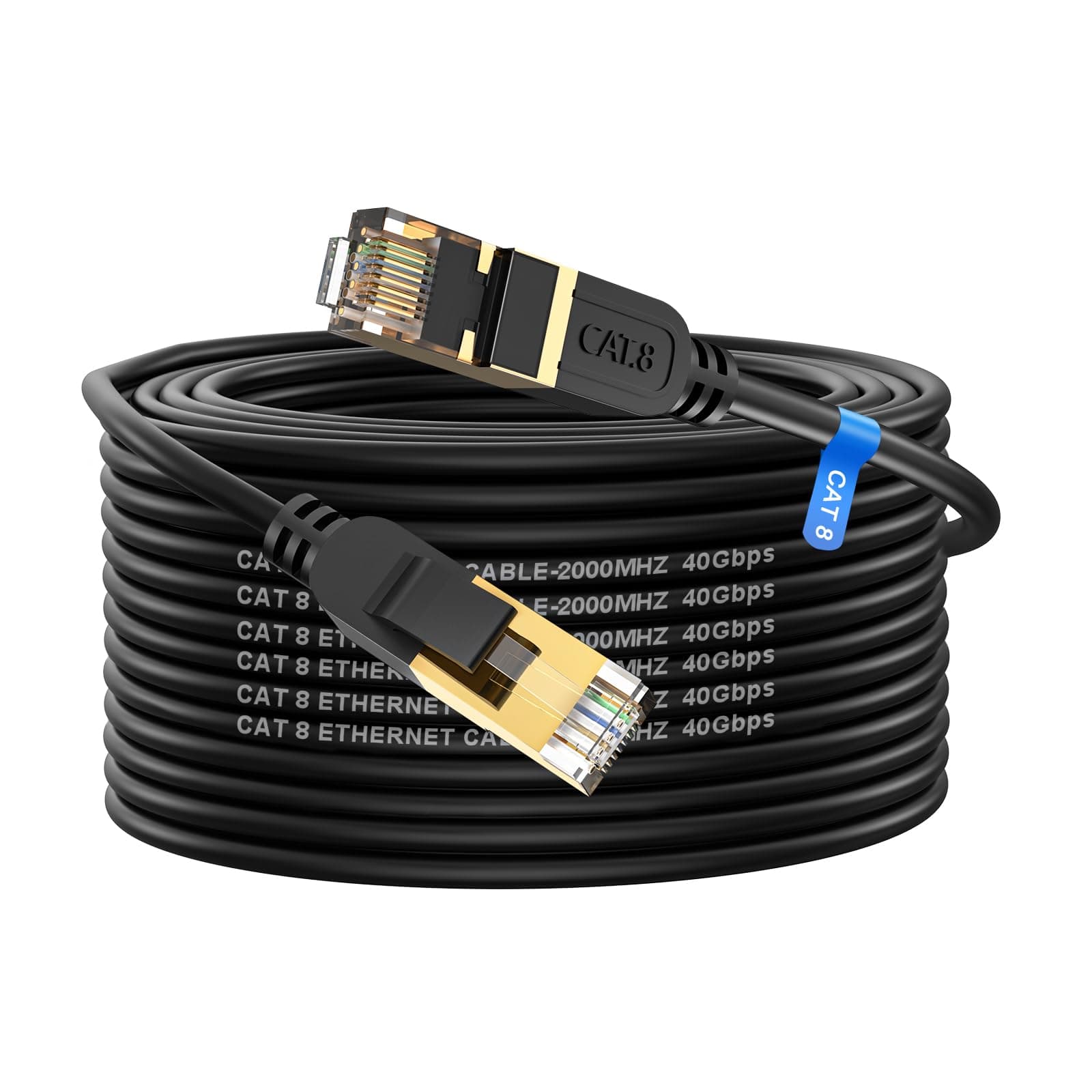 Cat 8 Ethernet Cable, 50FT High Speed Heavy Duty 26AWG Cat8 LAN Network Cable 40Gbps, 2000Mhz with Gold Plated RJ45 Connector, Outdoor&Indoor Internet Cable Compatible for Router Gaming Modem Xbox