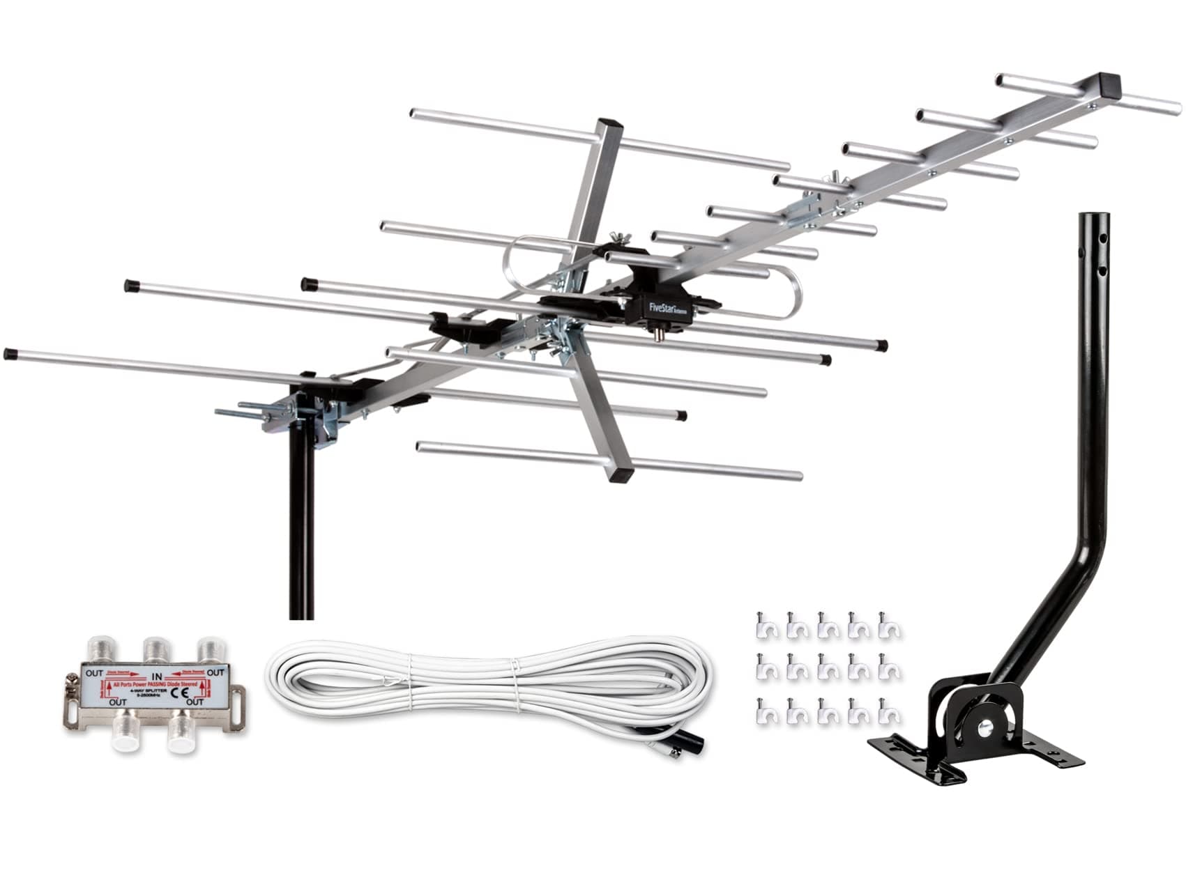 Five Star [Newest 2020] Yagi Satellite HD TV Antenna up to 200 Mile Range, Attic or Roof Mount TV Antenna, Long Range Digital OTA Antenna for 4K 1080P Supports 4 TVs Installation Kit & Mounting Pole