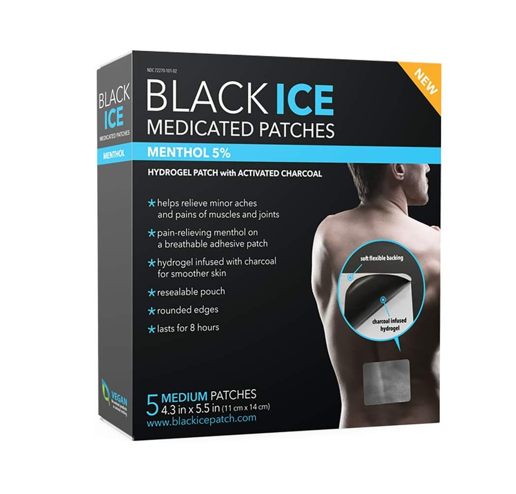 Black Ice - Natural Charcoal Hydrogel Patch with Menthol, Medium - 5 Count, Charcoal Poultice Relief for Muscle Aches, Joint and Back Pain, Inflammation, Rashes, Bug Bites, Cellulitis, and Burns