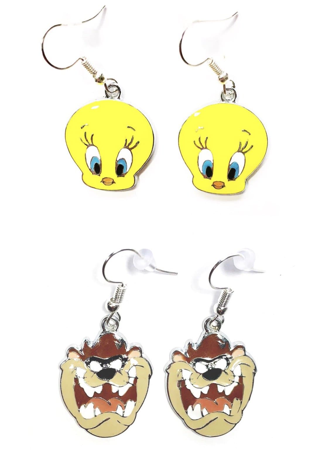 2 Pairs of Looney Tunes Tasmanian Devil Taz Tweety Bird Charm Cartoon Character Dangle Hook Earrings W/Gift Box