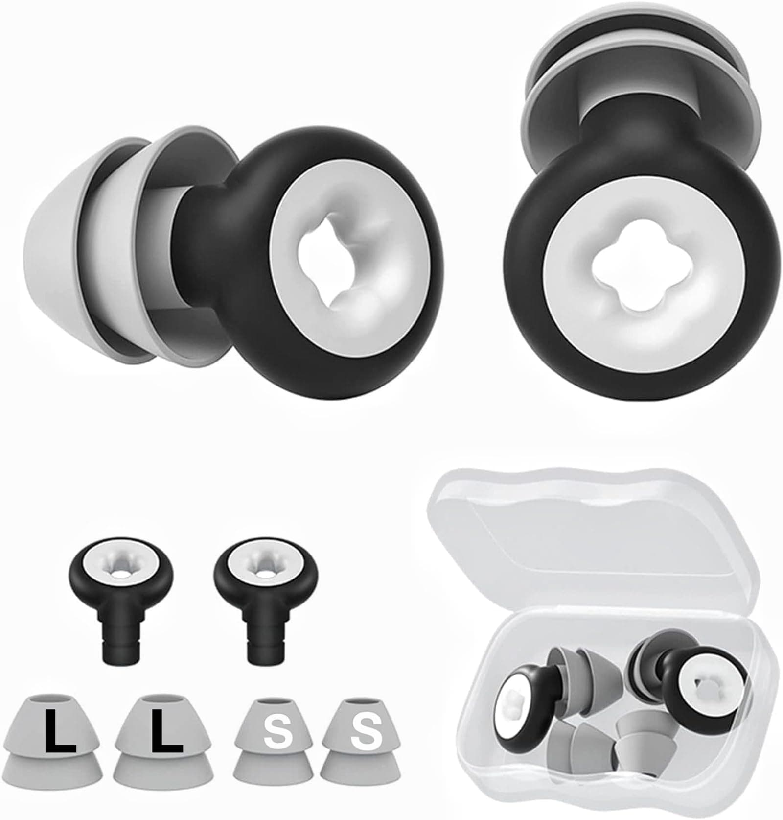 Soft Silicone Ear Plugs for Sleeping with 2 Ear Caps S/L, Ear Plugs for Kids & Adult, 38dB Noise Cancelling for Sleeping Earplugs, Ear Protection Sleep Ear Plugs for Snoring Shooting Travel(Black)