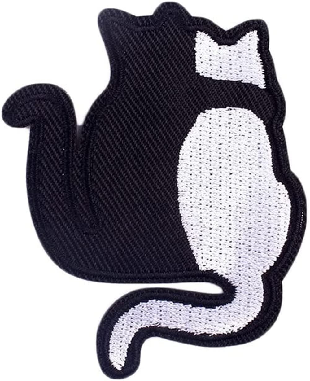 Black White Cat Embroidery Patch Cute Animal Cats Embroidery Clothes Patch Iron On or Sew On Patch Punk Motif Applique Accessory for Clothes Bag Jacket DIY Applique