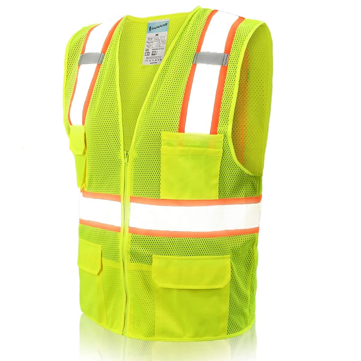 SHORFUNE High Visibility Mesh Safety Vest with Pockets, Mic Tabs, Zipper and Reflective Strips,ANSI/ISEA Standards