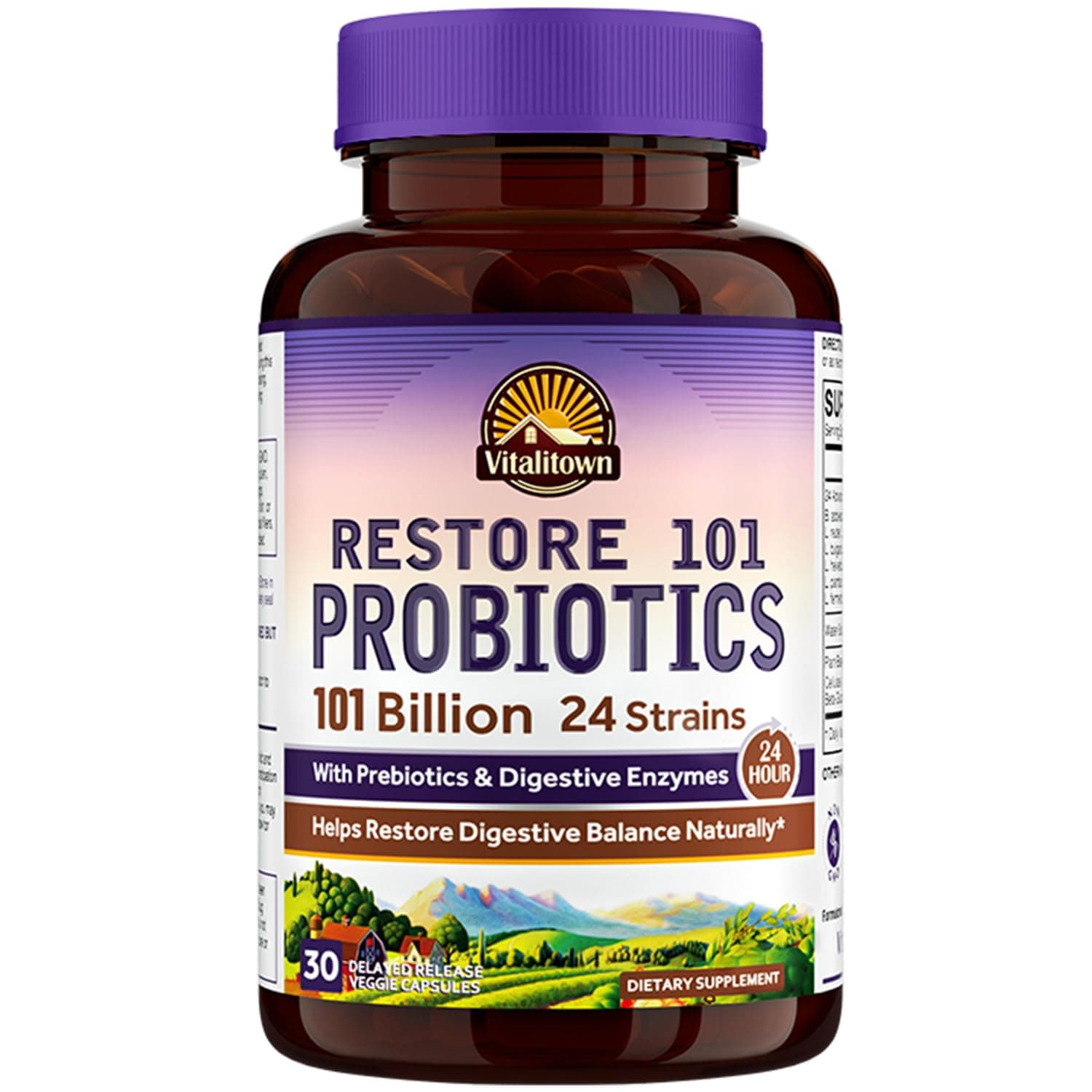 VitalitownProbiotics 101 Billion CFUs, 24 Strains, Prebiotics and Probiotics, Digestive Enzymes, Shelf Stable Probiotic Supplement, Probiotic for Men and Women, 30 Caps