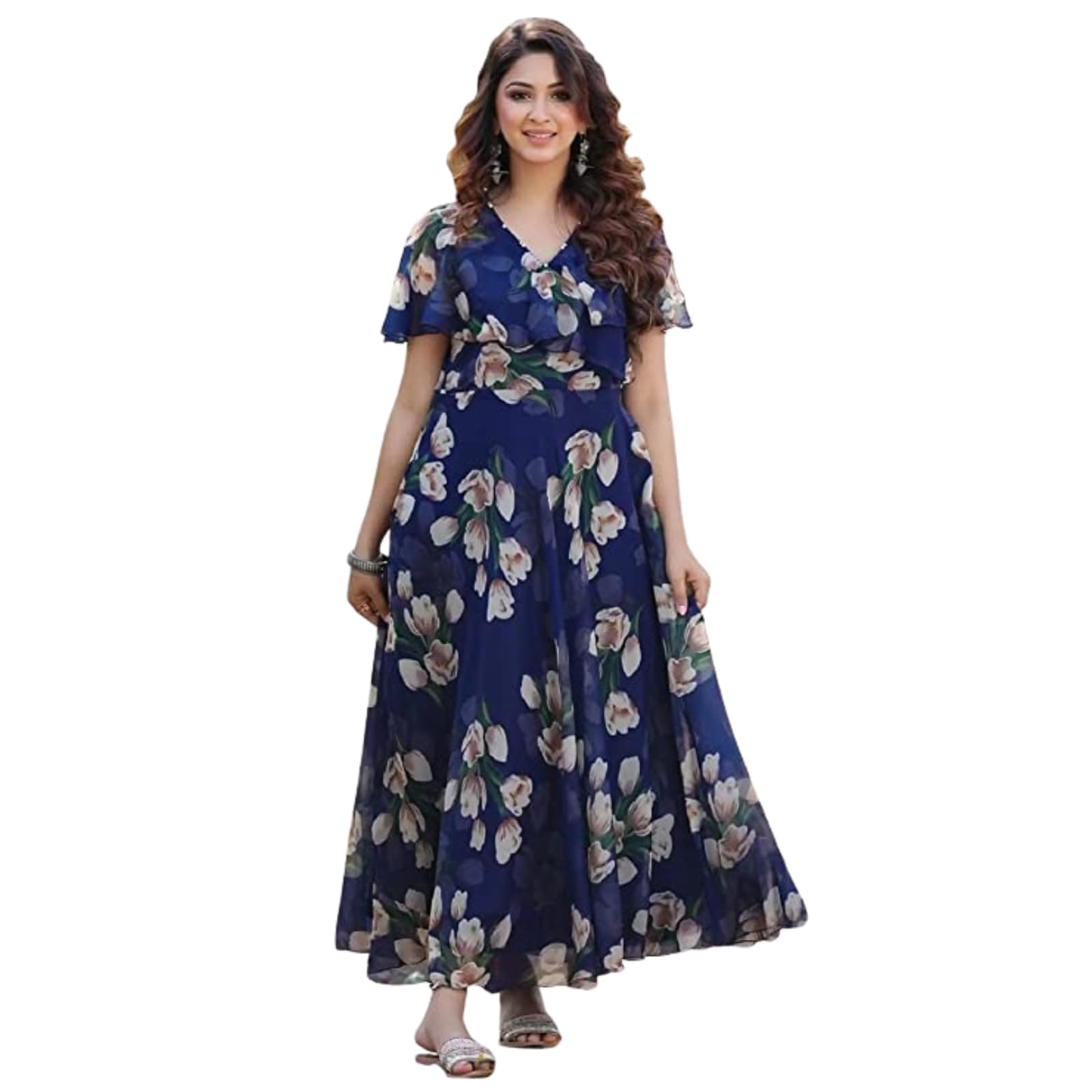 Women's Georgette Casual Floral Digital Print Half Sleeve Knee Length Fit & Flare Long Maxi Gown Dress (Flower_Gown)