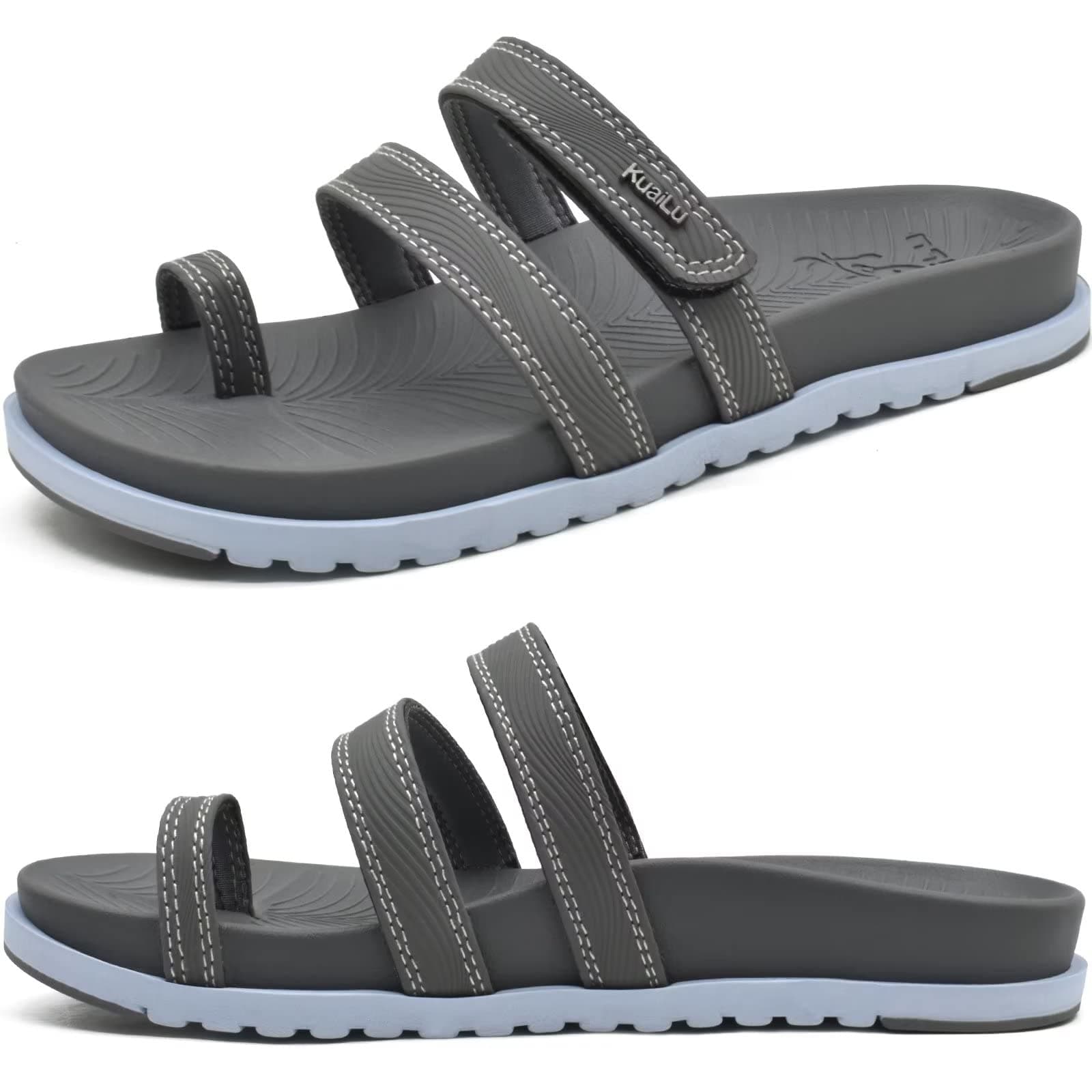 KuaiLu Womens Slides Sandals with Plantar Fasciitis Arch Support Fashion Comfort Adjustable Flat Sandals Ladies Lightweight Orthotic Slip on Sandals