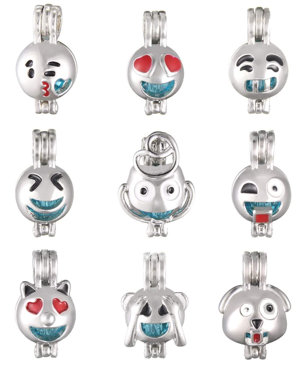 SHUHONEY 9 Pcs Mixed Funny Expression Pearl Bead Cages Pendant - Jewelry Making Charms for Kids(NO-Duplicate)