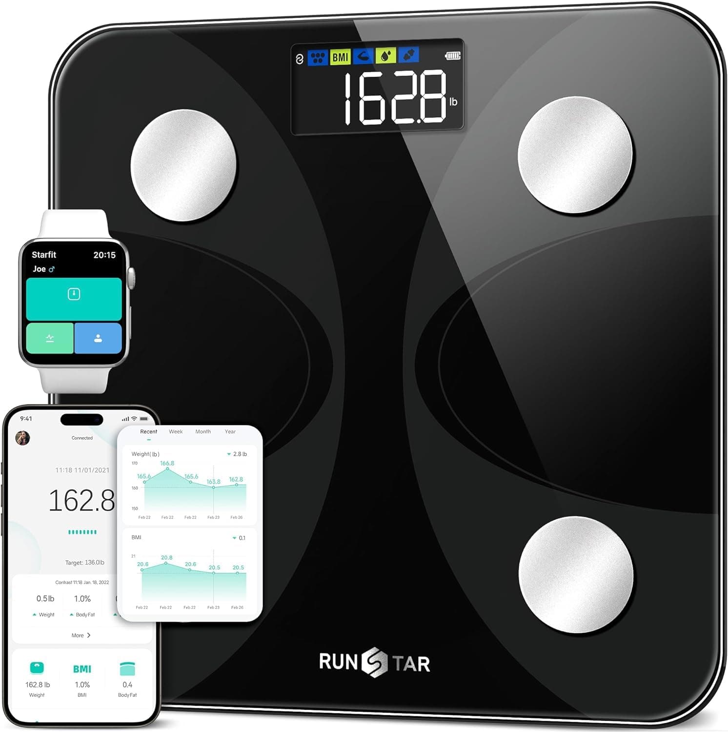 Scales for Body Weight and Fat Percentage RunSTAR Ultra-precision Digital Accurate Bathroom Smart Scale with Large Display 13 Body Composition Analyzer Sync App Weight Scale BMI Health Monitor-400lb