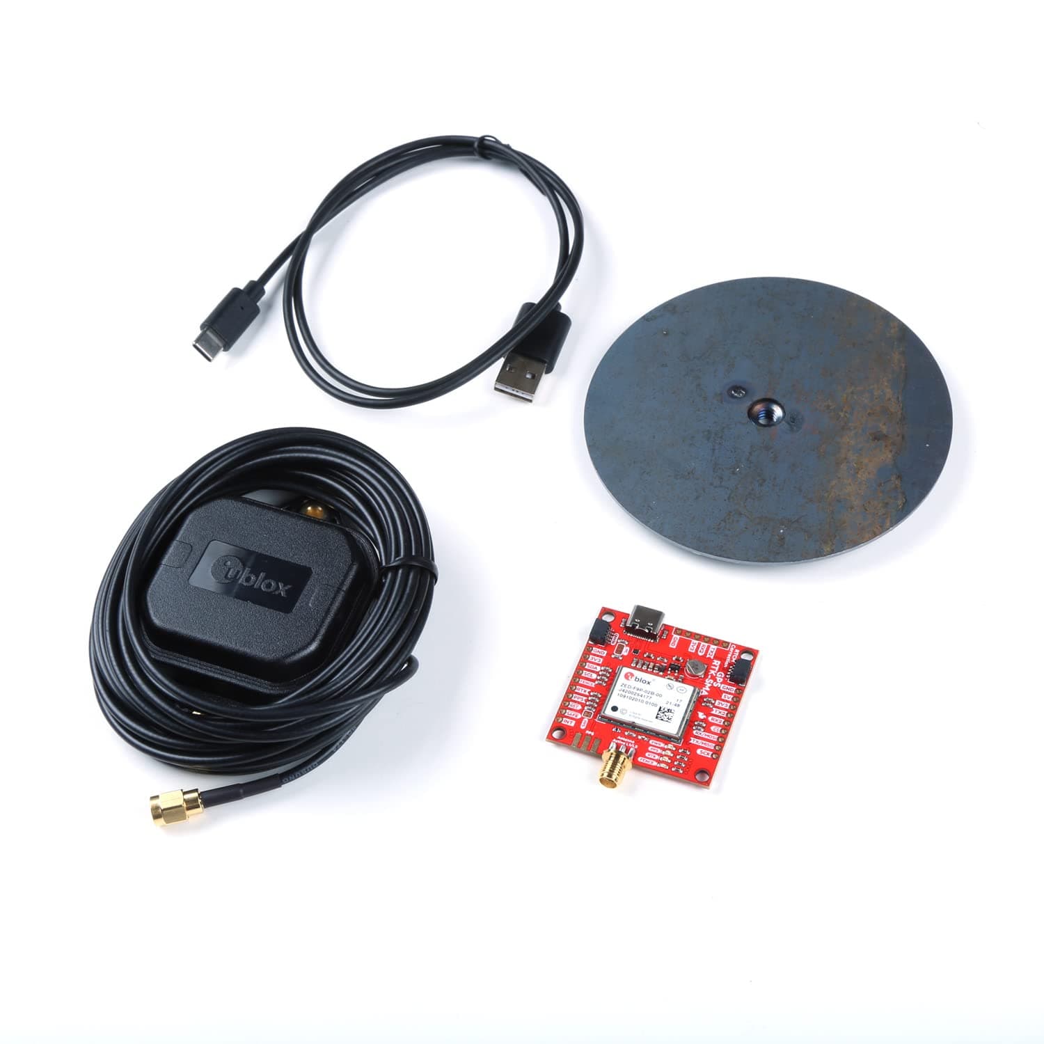 GPS-RTK-SMA Kit - Includes GPS breakout- Magnetic Mount Antenna- Ground Plate & USB-C Cable - u-Blox ZED-F9P & RTK- High precision accuracy in milimeters- Both Rover & Base station operations