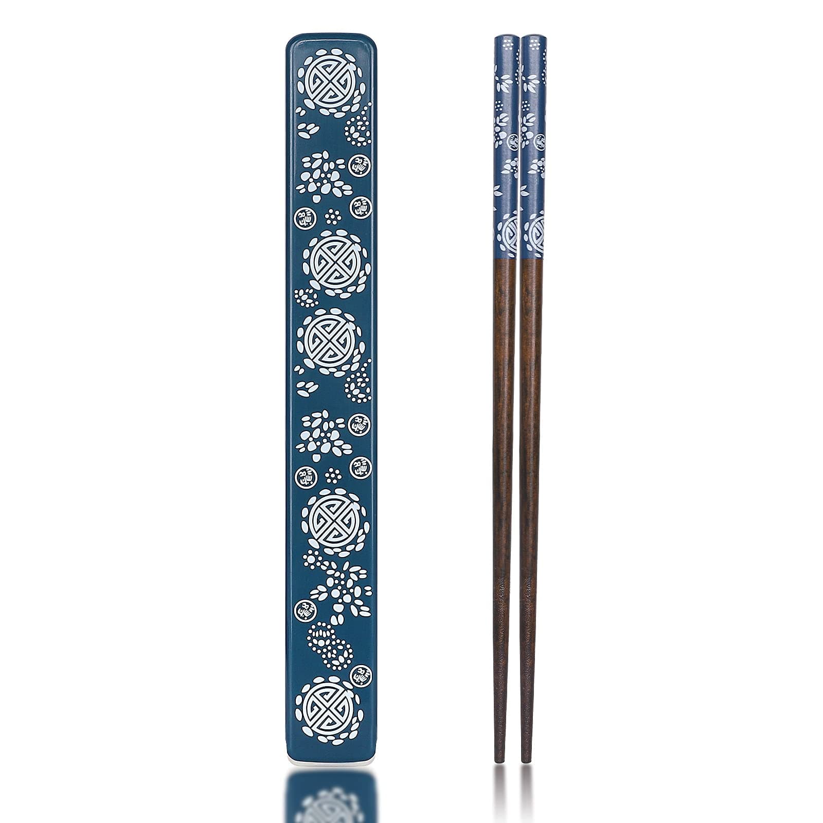 Chopsticks Reusable Japanese Natural Wood Chopsticks 1 Pair with Case, Portable and Dishwasher Safe (Blue)