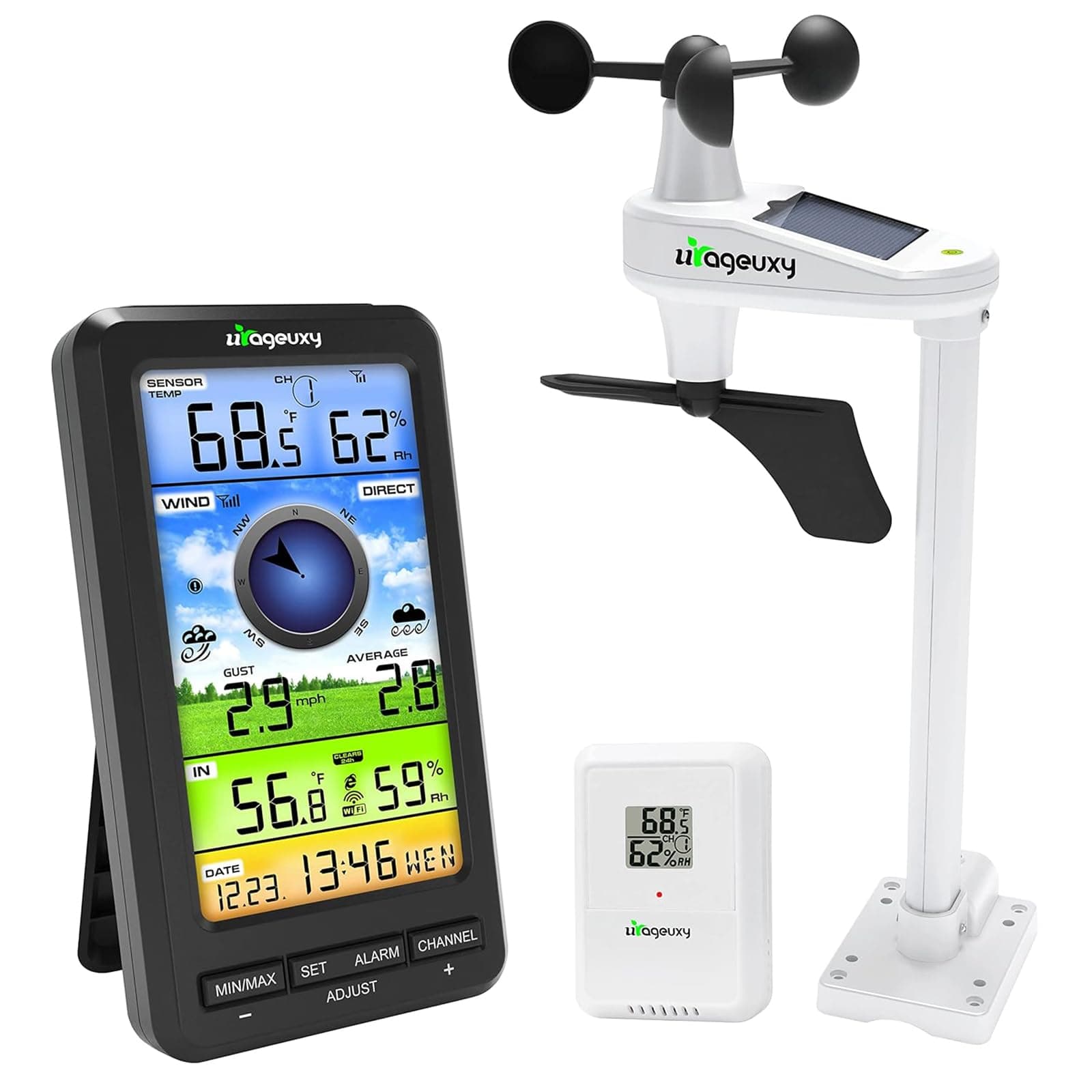 Urageuxy Wireless WiFi Weather Station Anemometer with Solar Wind Speed/Direction, and Indoor Outdoor Thermometer and Hygrometer