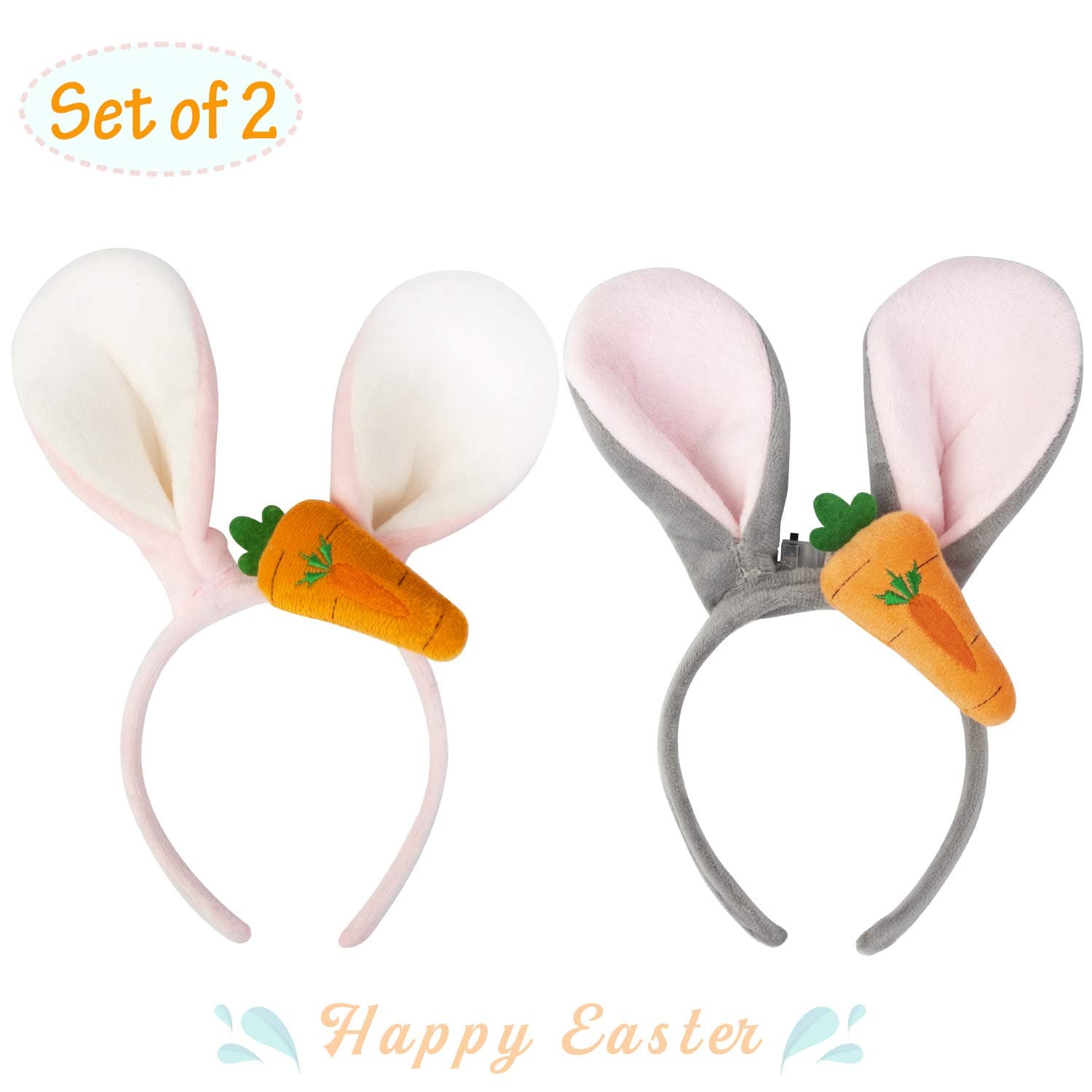KINGYEE Bunny Ears Headbands Light Up Set of 2 Bunny Ear Hairband with Lights for Halloween Costume Kids Toddlers Baby Girls Party Supplies Favors