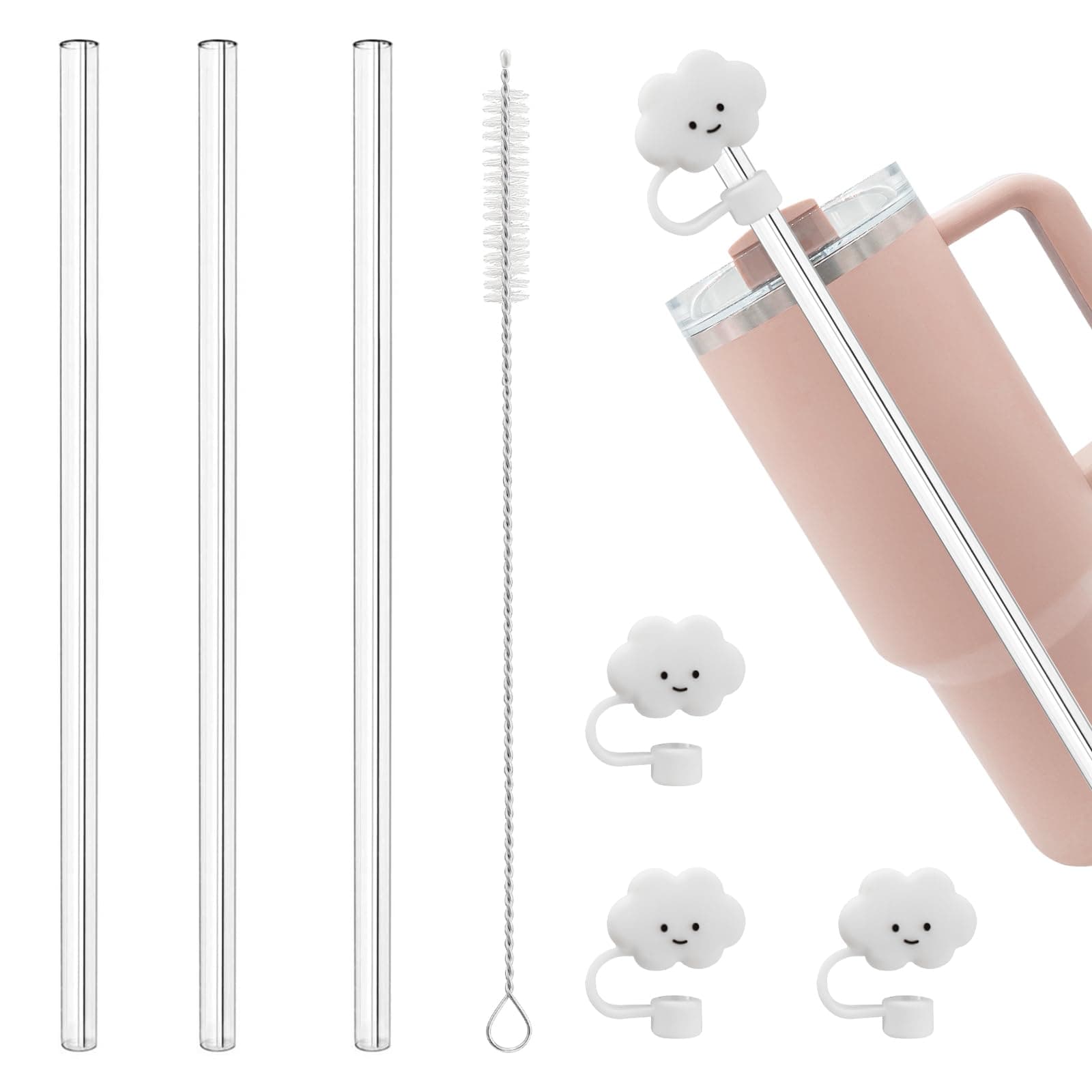 NETRIWOW 3Pcs Replacment Straw with Straw Covers,Compatible with 40oz Stanley Adventure Travel Tumbler, 3 Pcs Clean Straw with Spill Stoppel Set and 1 Cleaning Brushes for Stanley Cup Accessories