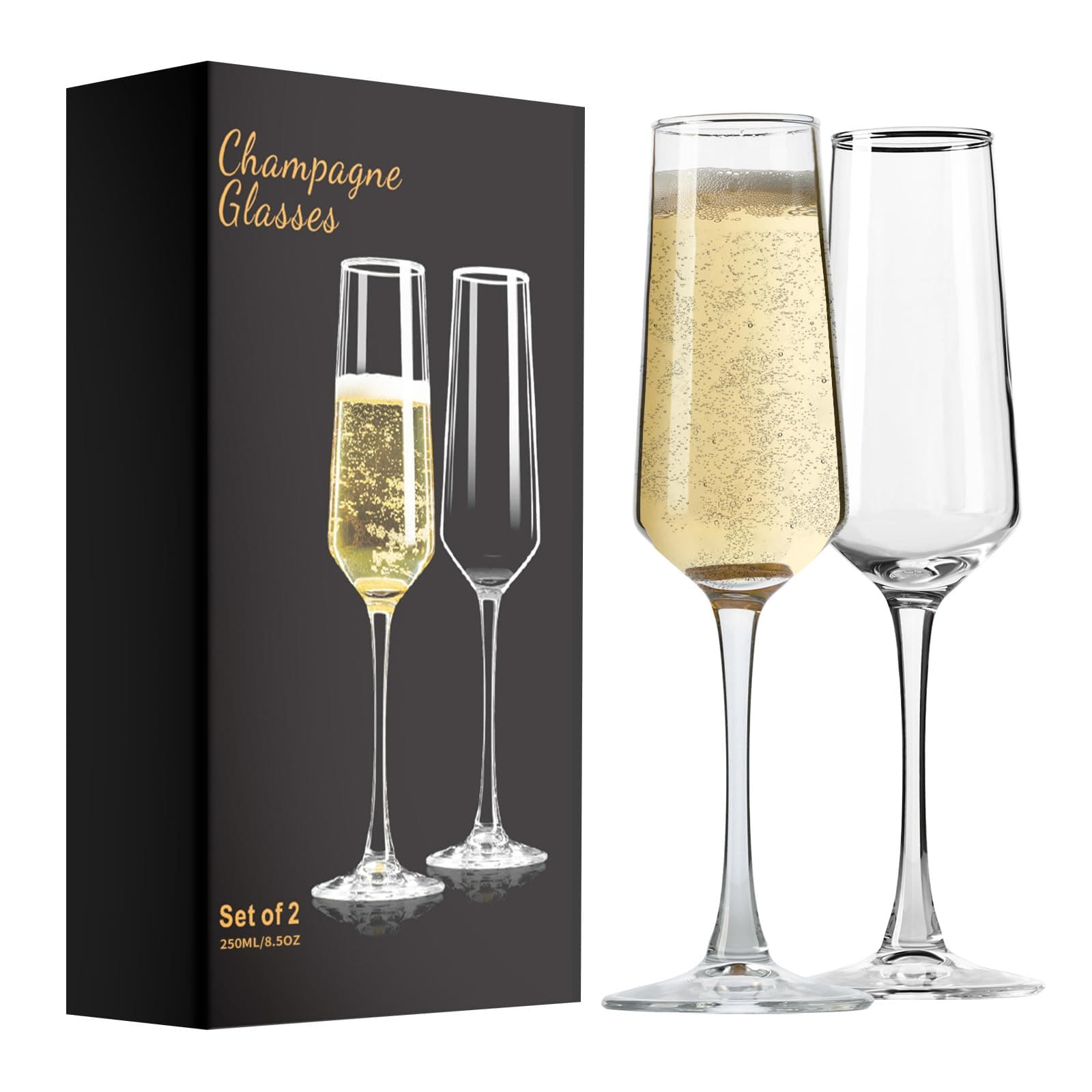 PARACITY Champagne Flutes, Champagne Glasses Set of 2, Elegant 8.5oz Glass Champagne Flutes, Gift for Birthday, Wedding, Christmas, Clear Sparkling Champagne Glasses for Women, Men