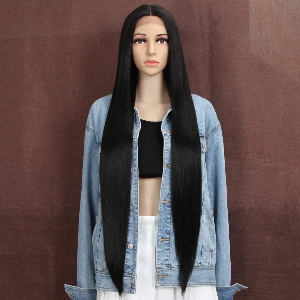 Style Icon 38" Super Long Straight Wigs Lace Front Wigs 6" Deeper Middle Part Wig Black Synthetic Wig (38", 1B)