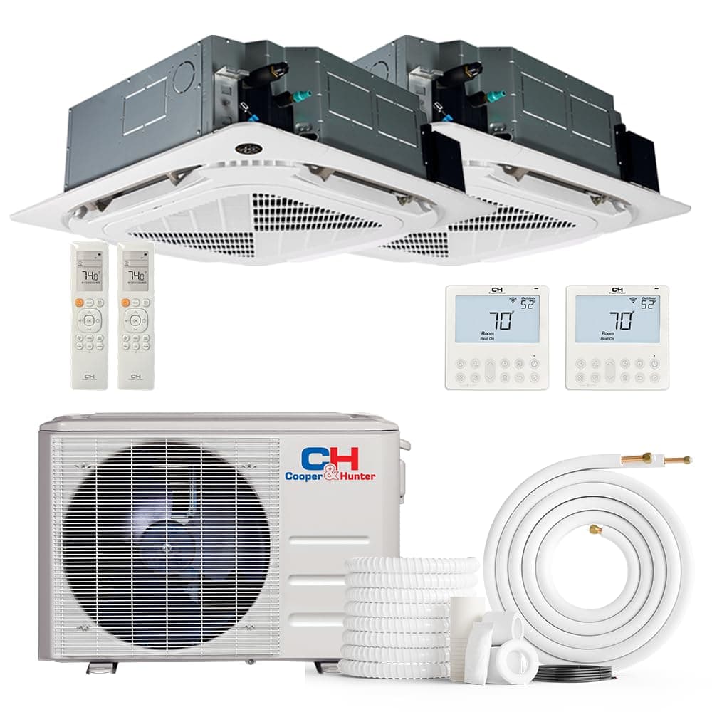 Cooper & Hunter 18,000 BTU, 25.1 SEER2, Dual Zone 12,000 + 12,000 BTU Ductless Mini Split Ceiling Cassette Air Conditioner with Heat Pump, including 25ft Installation Kits