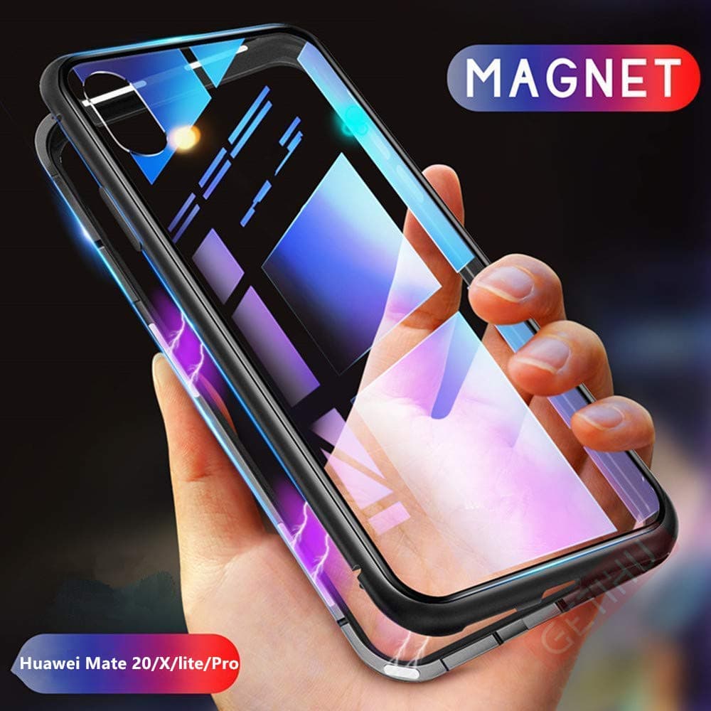 Aluminum Alloy Metal Case for Huawei Mate 20/ Mate 20 Pro/Mate 20 X/Mate 20 Lite, Magnetic Hybrid Metal Frame Case with Clear Tempered Glass Back (Silver+Silver, Huawei Mate 20 Lite)