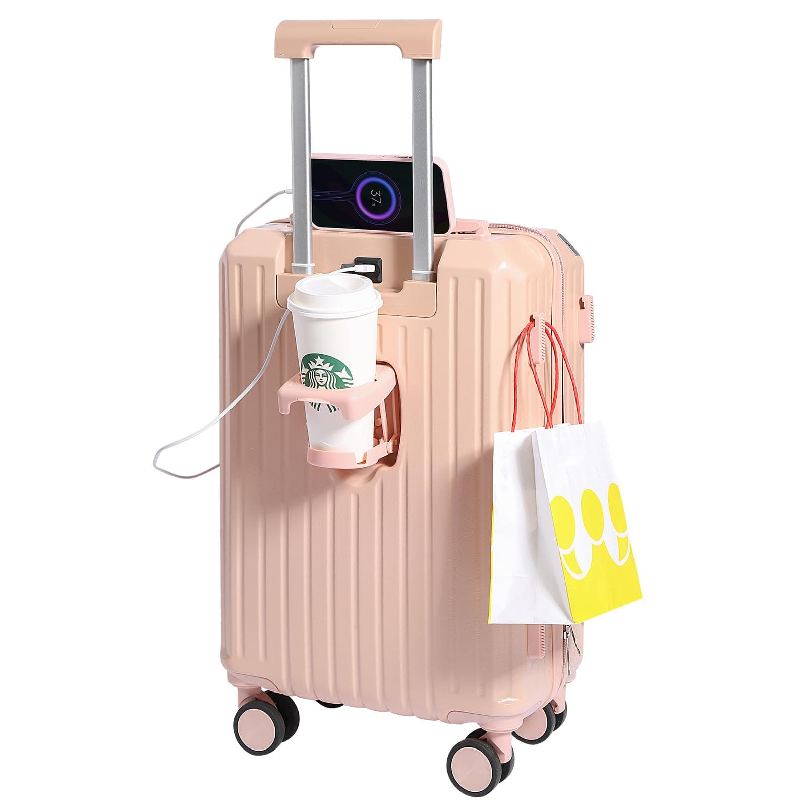 Carry-on Luggage with Cup Holder & USB Charging Port, Hard Side Luggage with Spinner Wheels, Lightweight Luggage for Travel, Business (Pink, Carry-On 20-Inch)