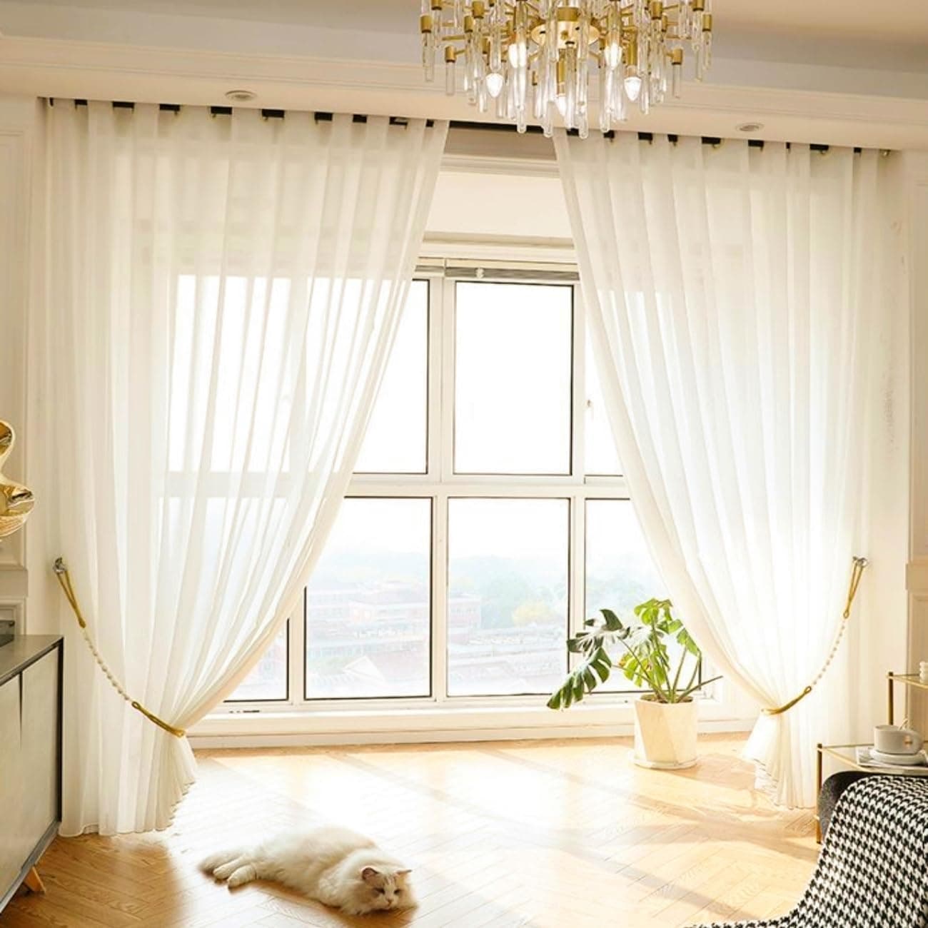 KVLDEC Sheer Curtains 2 pieces for Living Room Privacy Protection (Plain-C, W300 x L270cm)