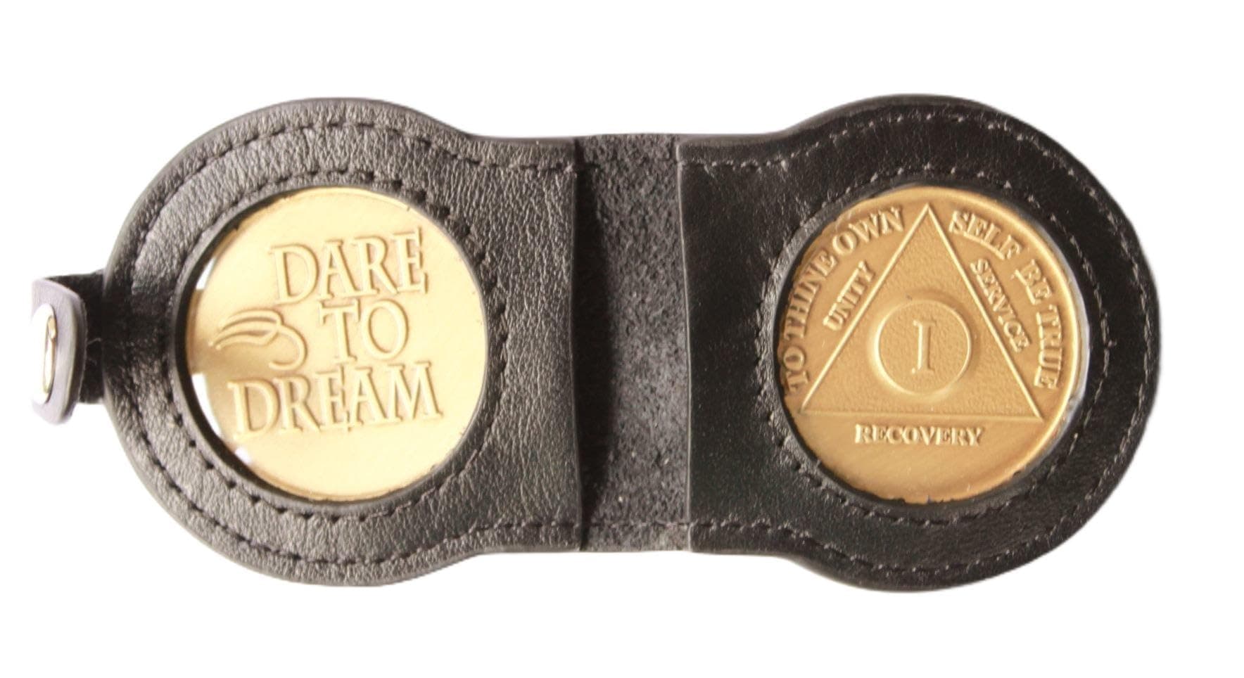 Double LEATHER KEY TAG Black - Coin size 1 5/16" Holds 2 AA/NA Medallions/Coins - Easy to change slip in or out AA/NA Tokens/Chips, Medallion, and Commemorative Coin
