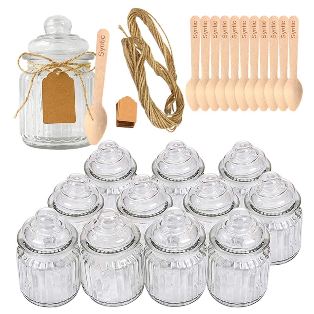 Syntic 12 Pcs 8 oz Spice Jars/Glass Food Storage Jars with Airtight Seal, Glass Canister Jars for Jam, Herbs, Spices, Coffee, Sugar, Extra Tag Strings and 12 Disposable Wooden Dessert Spoons Included