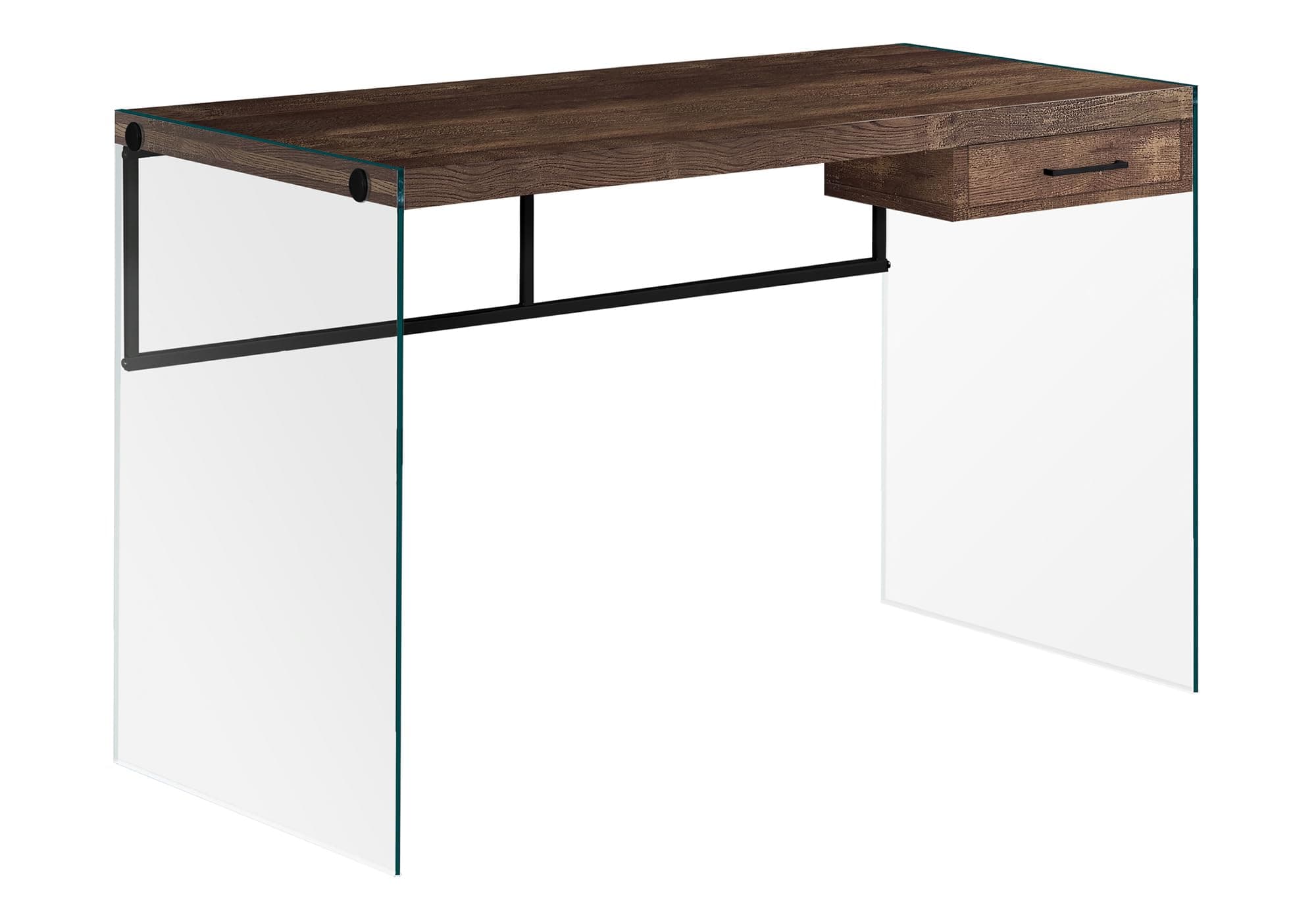 Computer Desk - Contemporary Writing Desk with Drawer - Tempered Glass Legs - 48"L (Brown Reclaimed Wood Look)