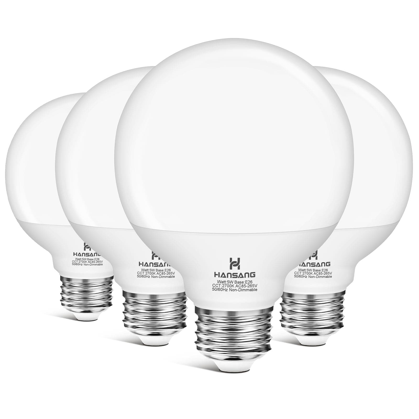 hansang G25 LED Vanity Globe Light Bulbs, 60W Equivalent, 2700K Soft White, Bathroom Light Bulbs E26 Base, Type G Round Bulb for Vanity Makeup Mirror, 120V, CRI85+, Eye Protection Non-Dimmable, 4 Pack [Energy Class A]
