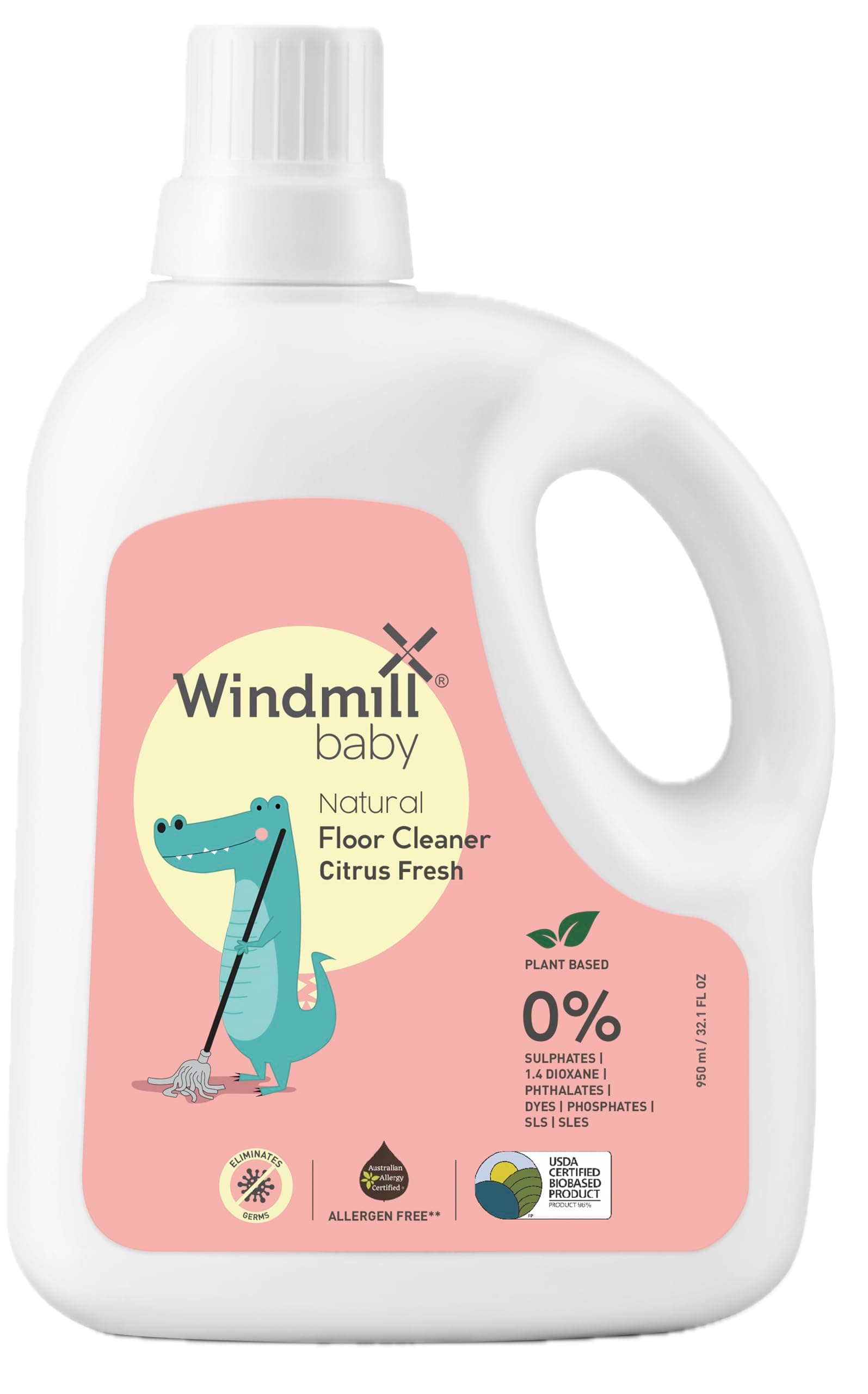 Windmill baby Natural Floor Cleaner, USDA Certified, Allergen & Alcohol Free, Baby Friendly, Pet Friendly, Citrus Fresh, For All Floor Types - 950ml