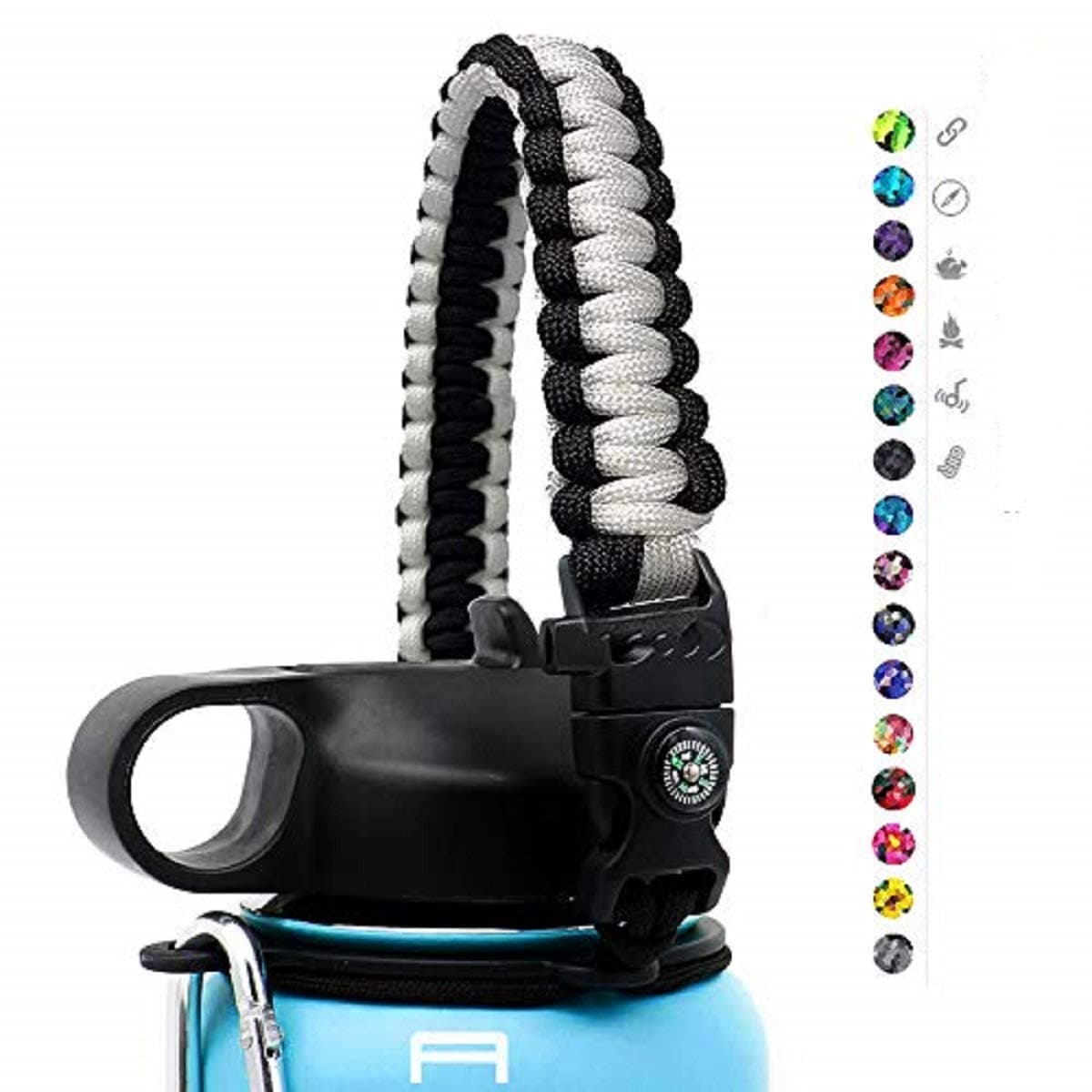 ALIENSX #1 Paracord Handle for Hydro Flask Water Bottle - Durable Carrier Survival Strap Cord with Safety Ring and Carabiner - Fits Wide Mouth Bottles 12 oz to 64 oz (Black/White)