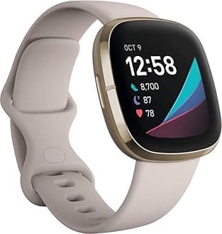 Sense Health & Fitness Smartwatch W/GPS, Bluetooth Call/Text, Heart Rate SpO2, ECG, Skin Temperature & Stress Sensing (S & L Bands, 90 Day Premium Included) International Version (White/Gold)