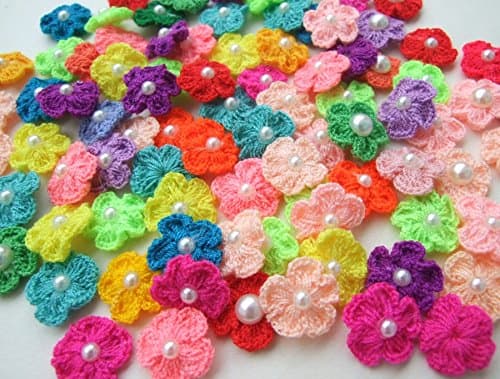 ICRAFY 's Brand 20 Pcs. Assorted Tiny Crochet Flower with Pearl Fabric Cotton Satin Craft Sewing Appliques DIY Diameter 12 mm.