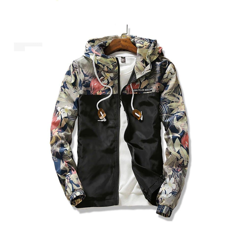 Cajerin Floral Bomber Jacket Men's Flower Floral Pattern Full Zip Hooded Coat Men's Fashion Flower Print Coat Zipper Jacket Windbreaker Jackets Coat (L, Black)