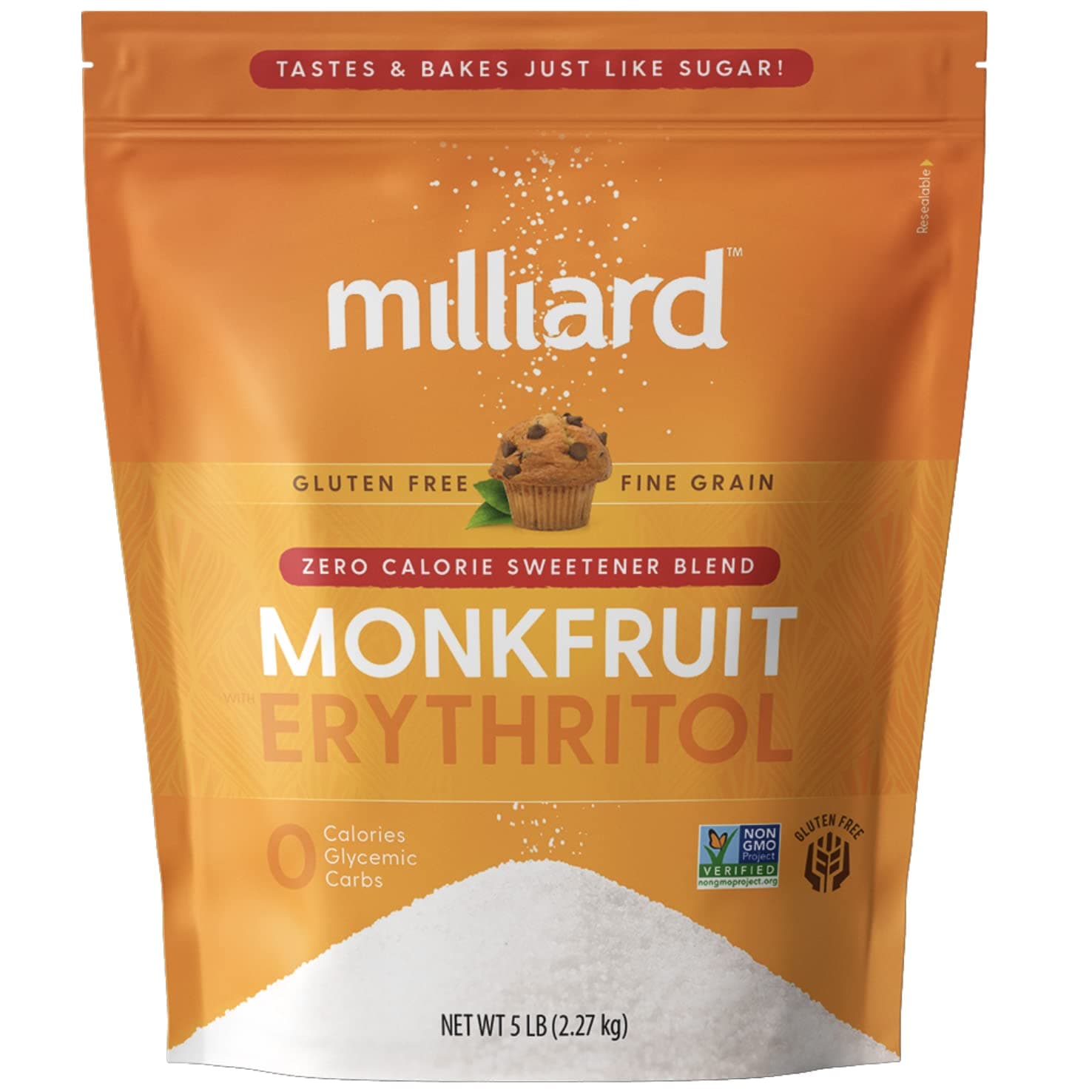 Milliard Monk Fruit Sweetener 1:1 Sugar Replacement, 0 Calories White Monkfruit with Erythritol (5 LBS)