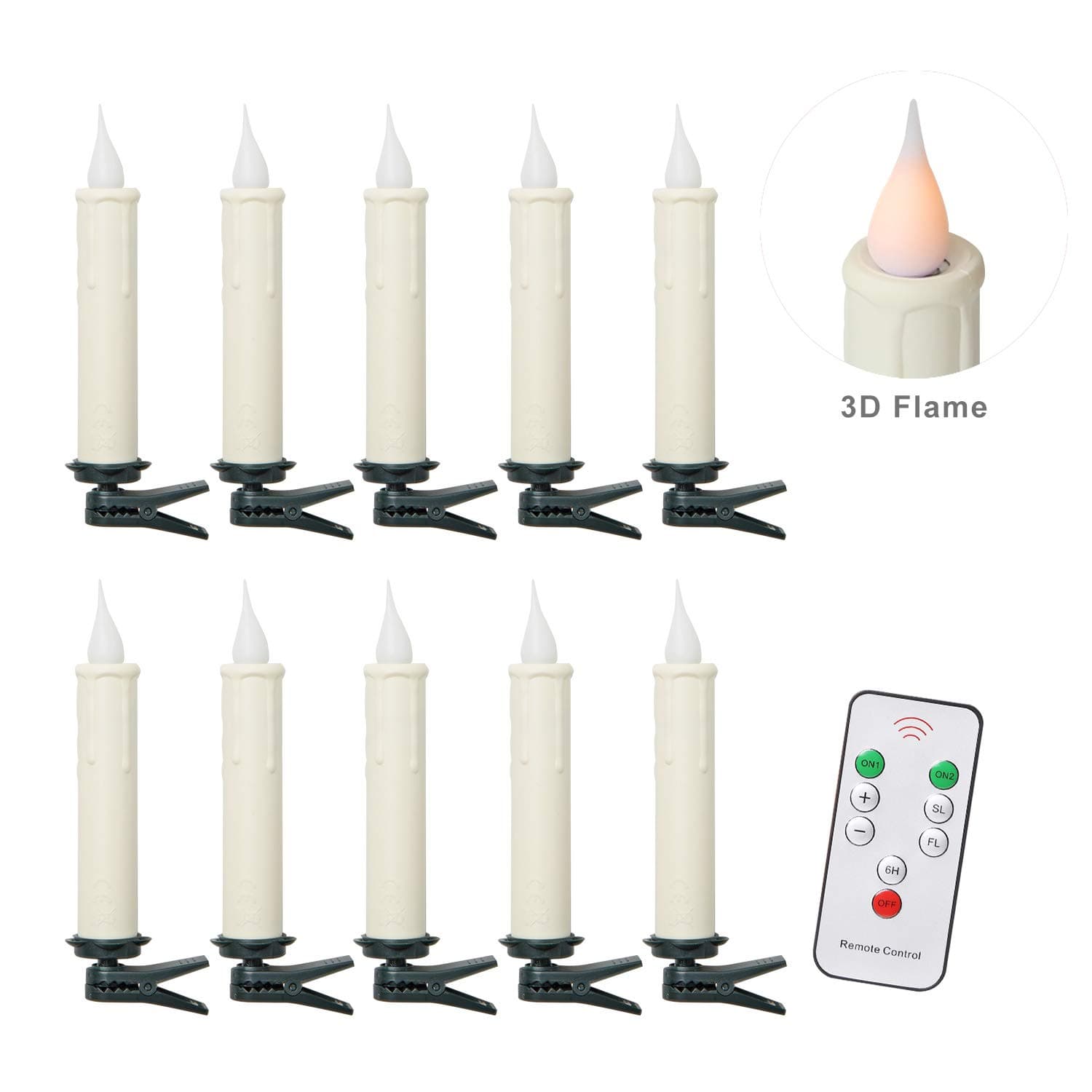 Christmas Taper Flameless Candles, Taper Candles with Remote Control Clips, Ivory Drip Effect Candlestick Lights for Windows Christmas Tree Church Hotel Bar Restaurant 0.7"×3.5", 10 Sets