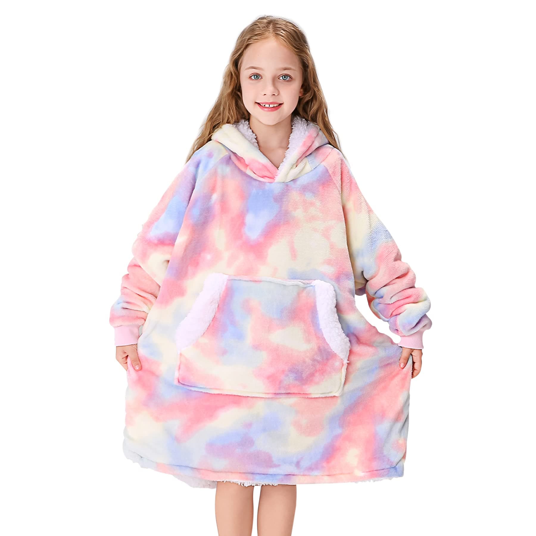 Drewin Oversized Wearable Blanket Hoodie for Kids,Plush Sherpa Hooded Sweatshirt with Huge Pocket and Elasticc Sleeve,Fuzzy Warm Flannel Blanket for Daughter Children Gifts,Rainbow