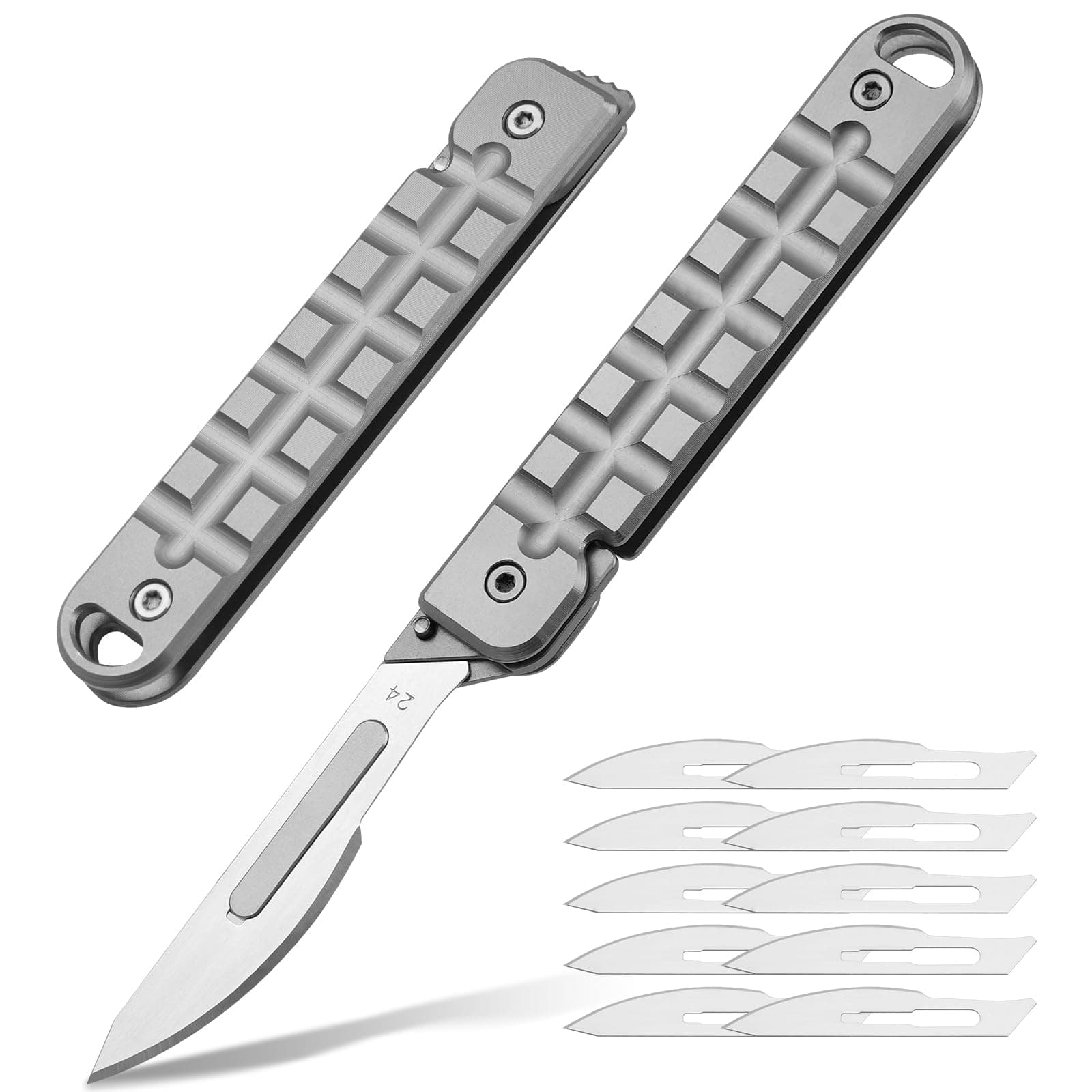 Titanium Folding Scalpel Knife, Small Keychain Knife, EDC Pocket Knife for Men, 10pcs #24 Replaceable Blades