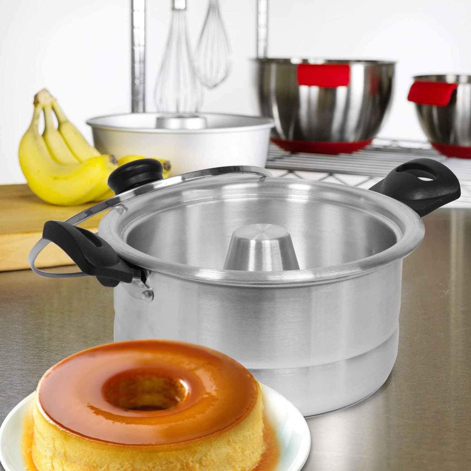 Bene Casa - Aluminum Flan Double Boiler with Glass Lid (1.6 Liter) - Aluminum Inner Pan (8") - Dishwasher Safe