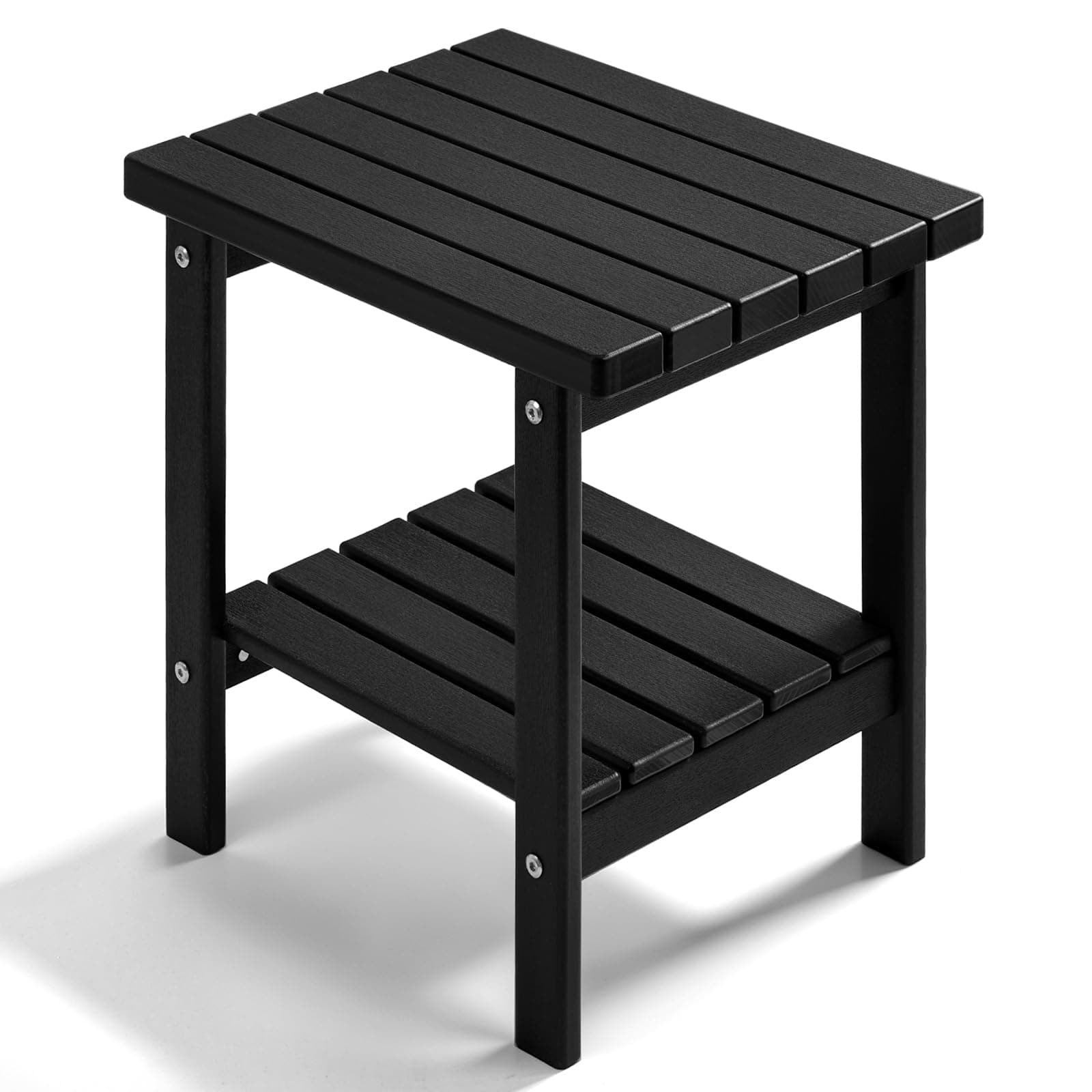 2-Tier Adirondack Square Outdoor Side Table, HDPE Small Outdoor Table, Patio End Table for Patio, Pool, Backyard, Weather-Resistant (Black)