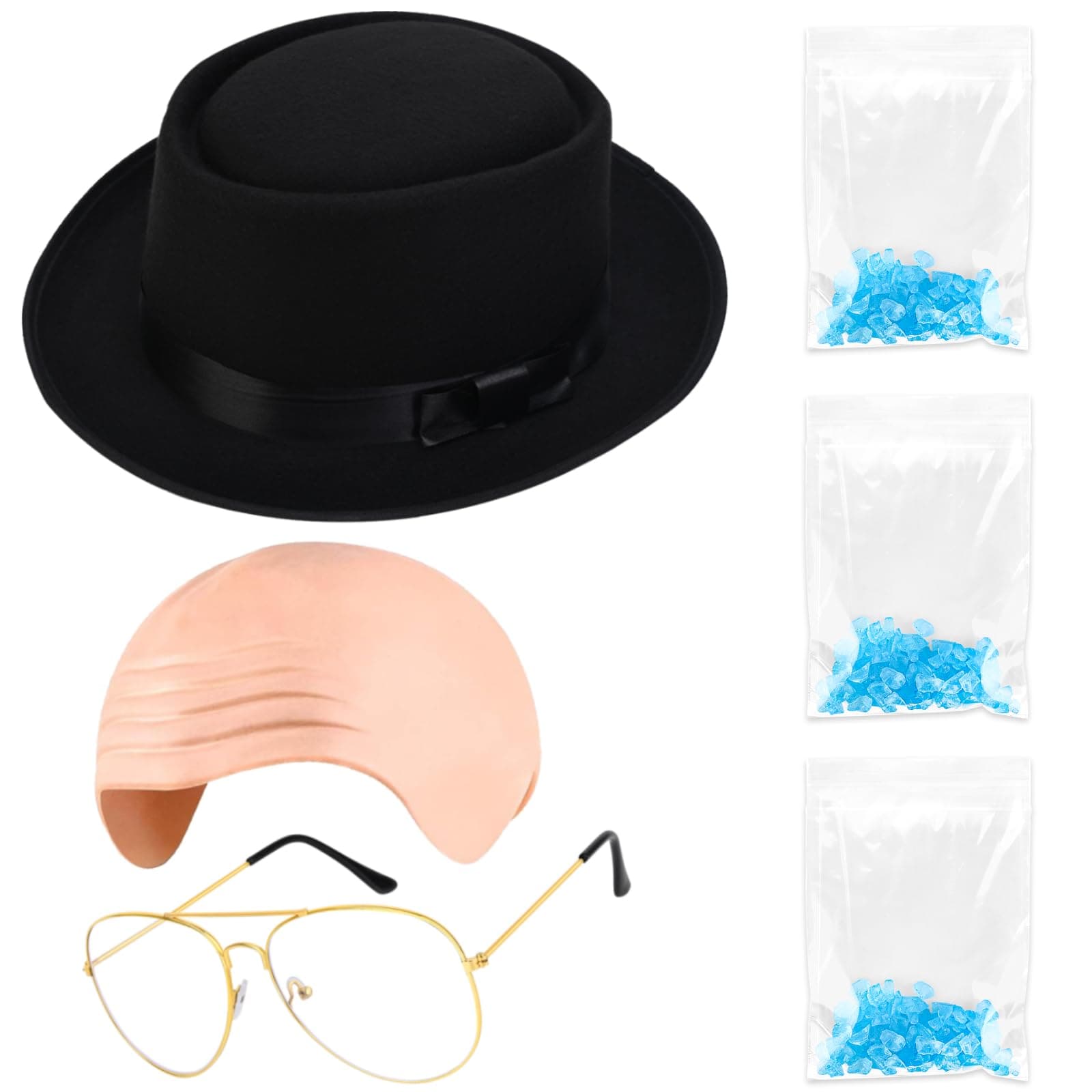 Kuscul4 Pcs Halloween Chemistry Teacher Costume Set Include Pork Pie Hat Bald Cap Glasses and Blue Particles with Bags for Men Women Dress Up