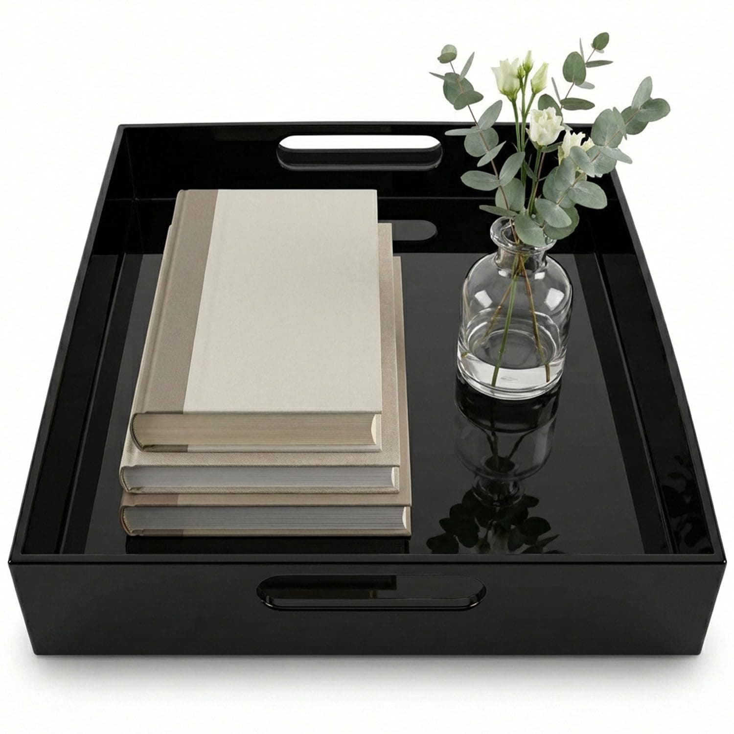 (Large, Black) - BLACK SERVING TRAY - 50cm Large Acrylic Tray for Coffee Table, Breakfast, Tea, Food, Butler - Decorative Display, Countertop, Kitchen, Vanity Serve Tray with Handles by Vale Arbour