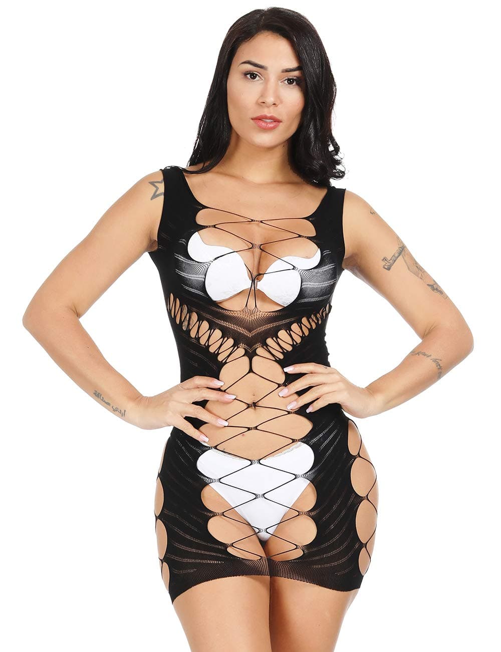 LemonGirl Women Fishnet Bodystockings Lingerie Bodysuit Stockings Dress One Size Black