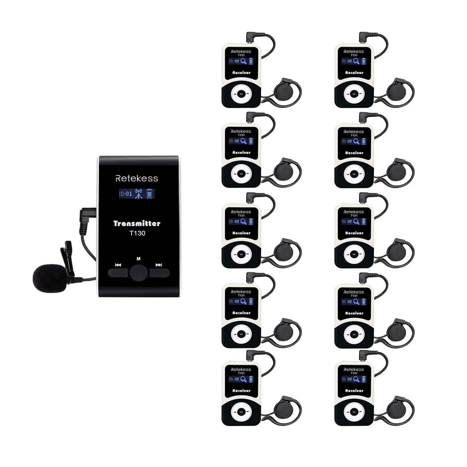 Retekess T130 Church Translation Equipment Wireless Tour Guide System 99 Channel for Factory Tour Training Court Government (1 Transmitter 10 Receivers)