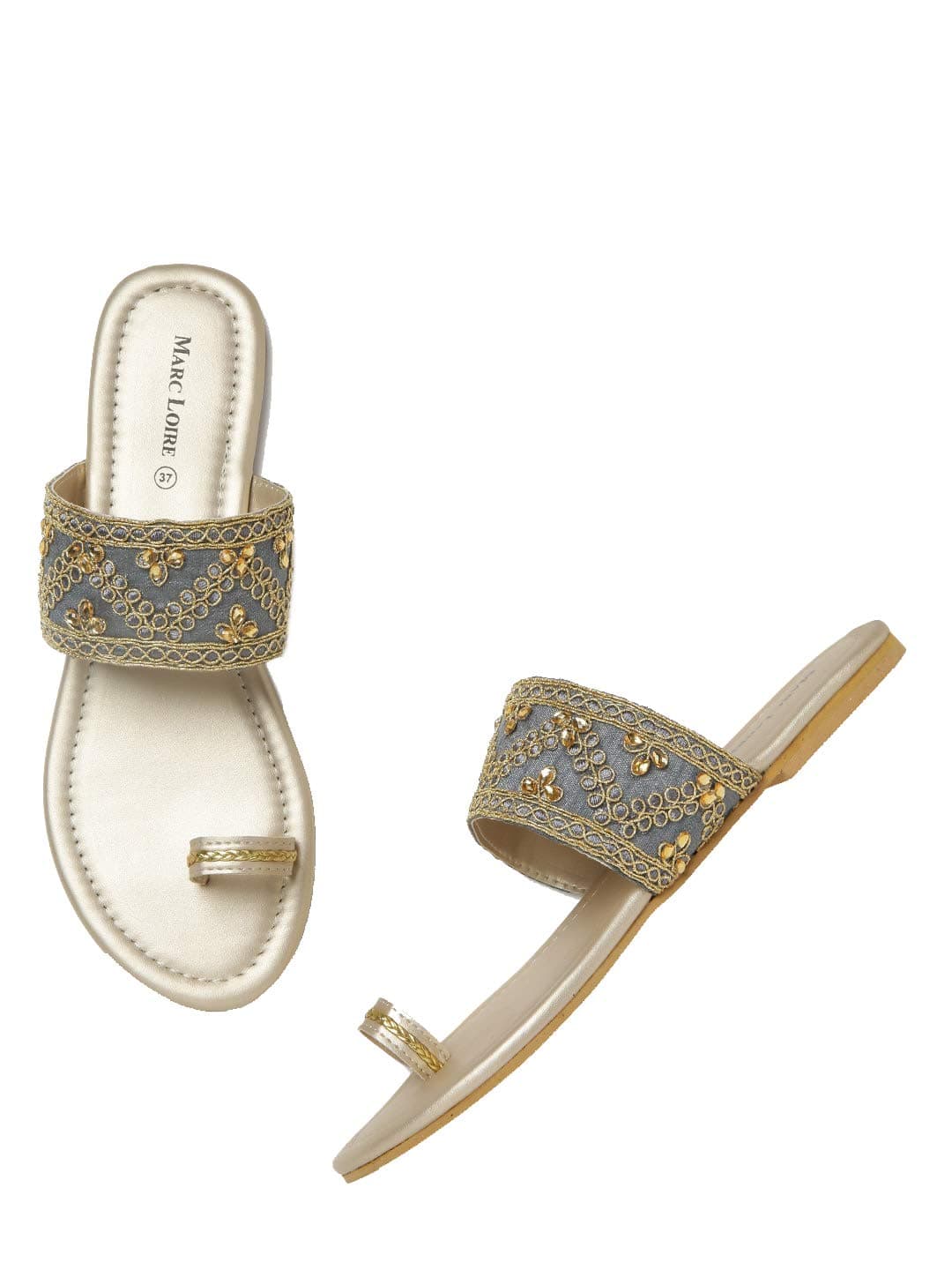 Marc LoireWomen's Grey Embroidered Slip On Flip Flop Ethnic Flats Chappal