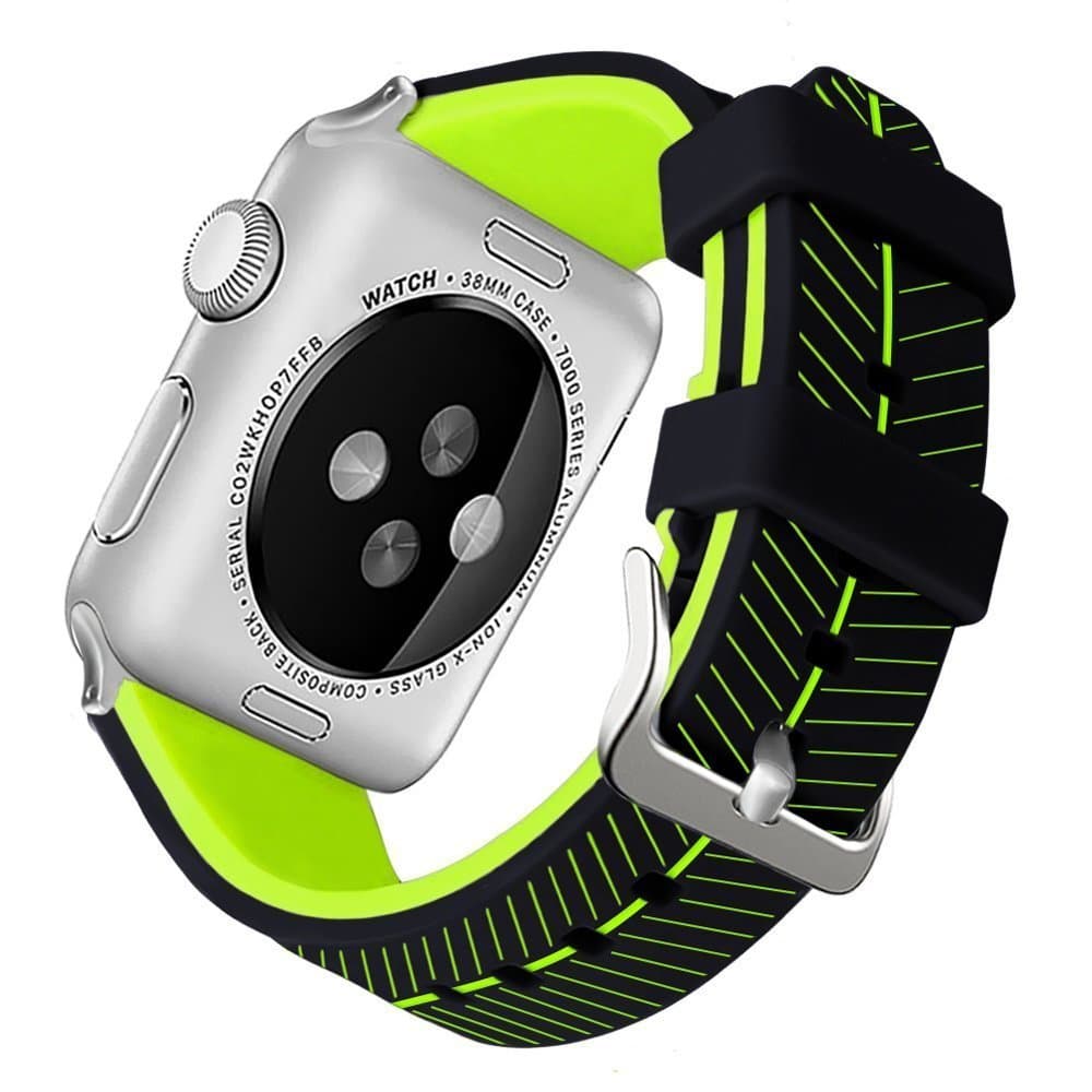 Podoru for Apple Watch band, Soft Silicone Replacement Watchband 38mm 42mm with Stainless Steel Buckle for Series 1 Series 2 Series 3 （Leaf 1 GREEN 42）