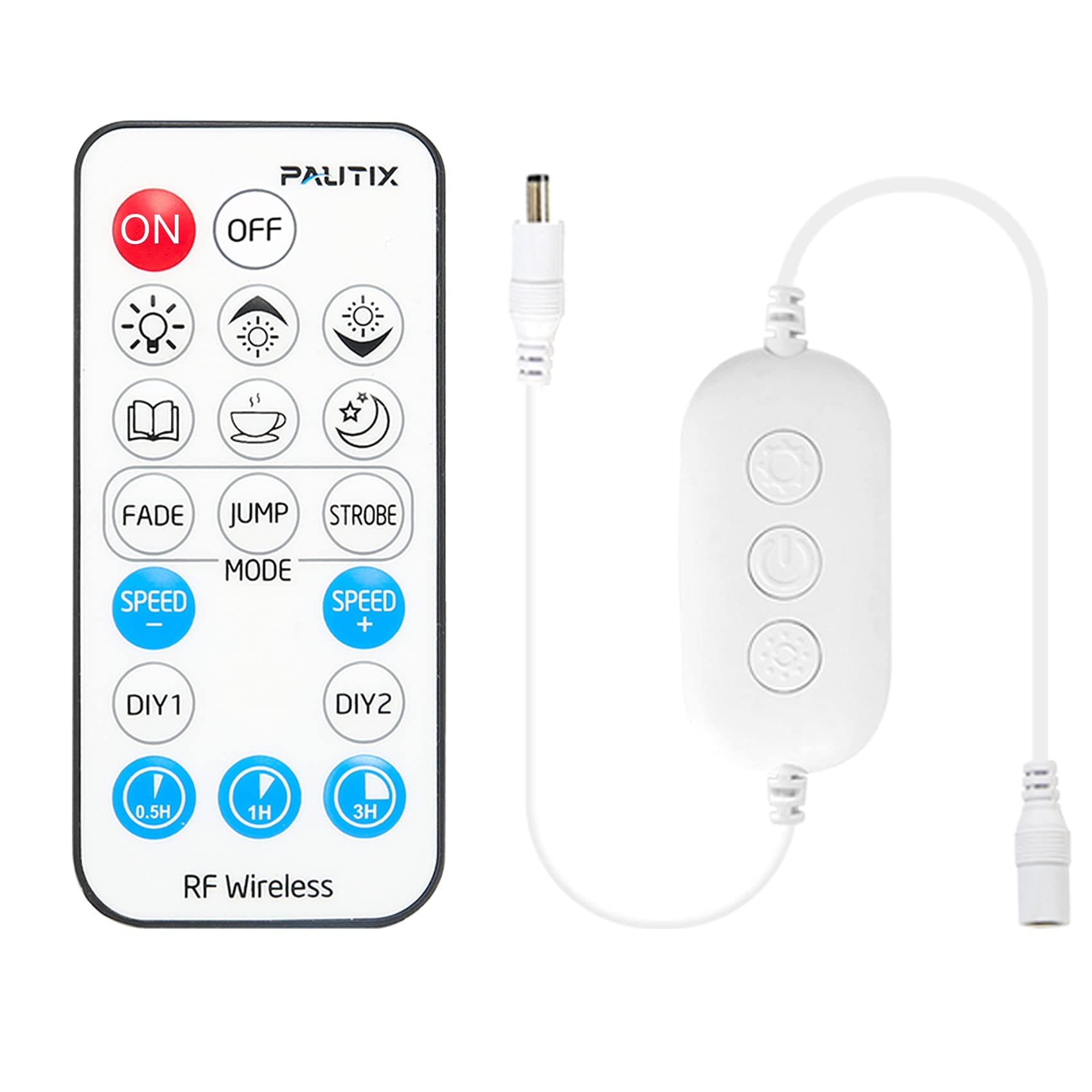 PAUTIX RF Remote Dimmer for Single Color LED Strip Lights,18-Key Wireless Remote and in-line Controller DC 12V-24V for 3528/2835/5050/COB LED Tape Lights,Timer Function