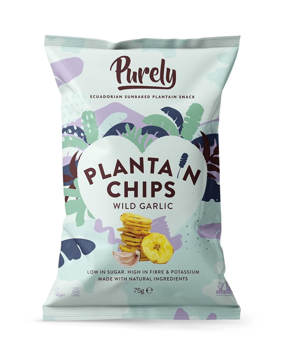 Purely Plantain Chips - Wild Garlic - 75g x 8 Pack - Low Calorie Plantain Crisps - Vegan, Gluten Free, Nutritious & All Natural - Healthy Alternative Snack Multipack
