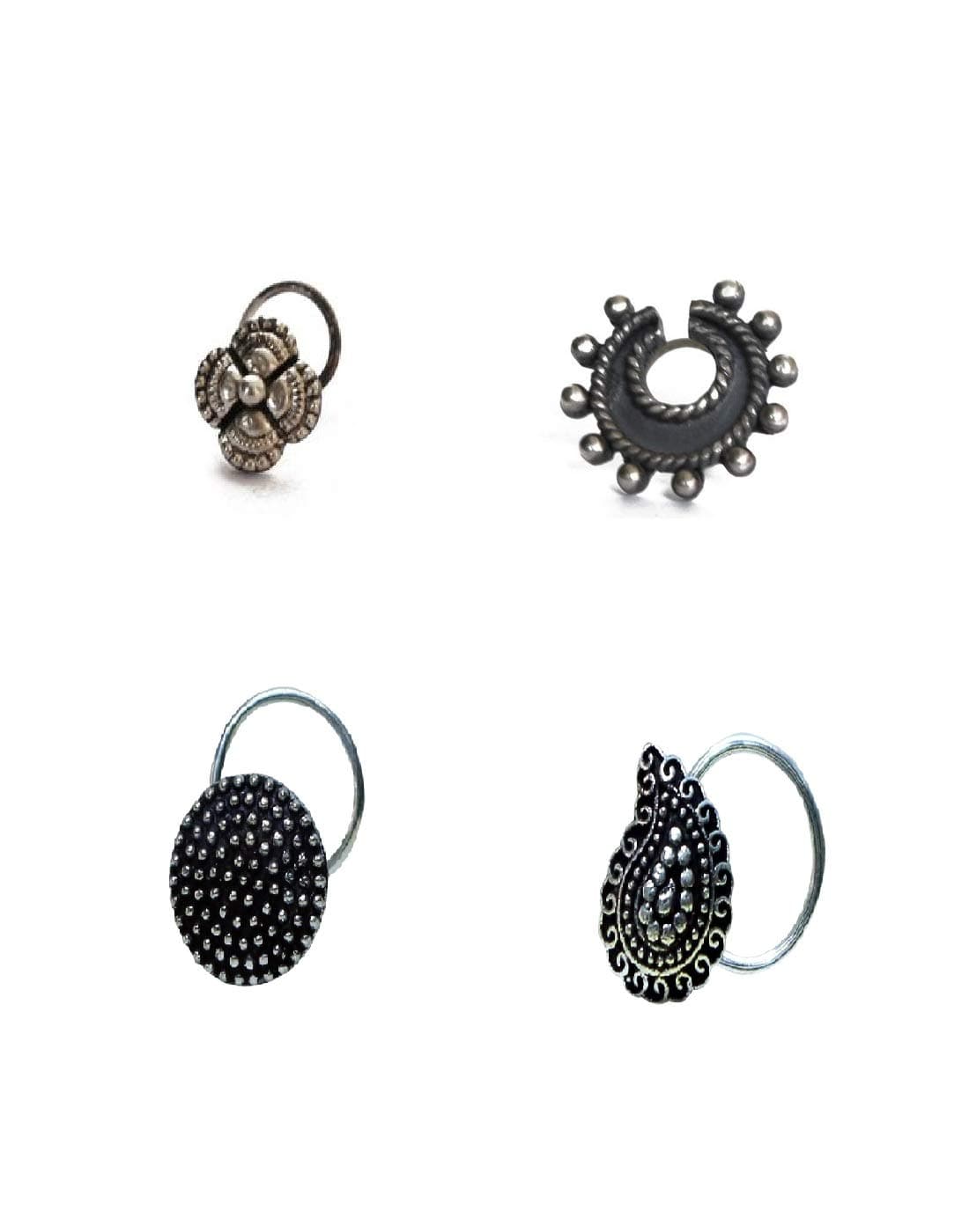 abhooshan Silver Alloy Trendy Combo Set of 4 Designer Antique Oxidized Nose Pin Studs for Women and Girls Stylish with Piercing Nose