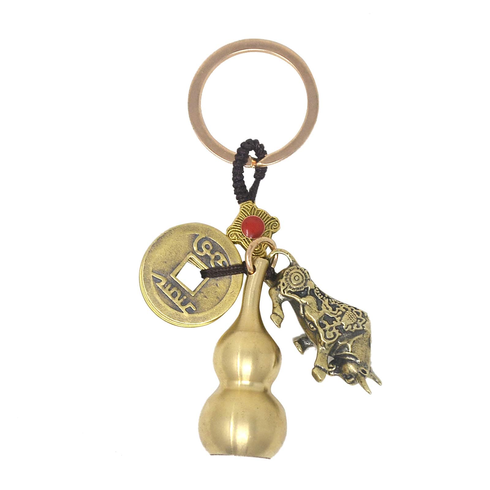 Feng Shui Five Emperors Money Copper Gourd Keychain Zodiac Wealth Ox Statue and Wu Lou Gourd Calabash With Brass Coins W4432